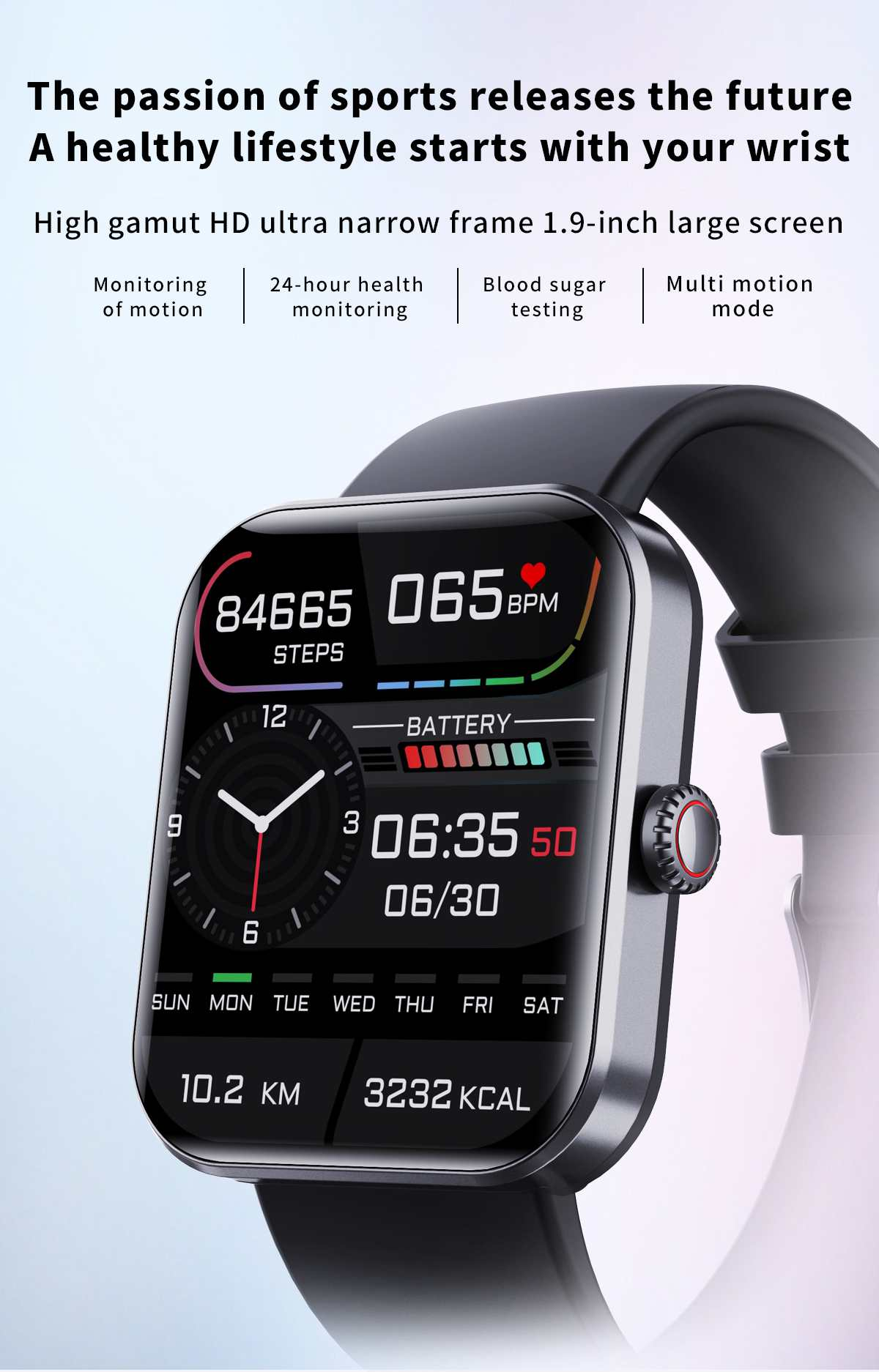 Smartwatch mit Anzeige von Schritten, Herzfrequenz, Uhrzeit, Datum, Akkustand und Entfernung. Die Uhr hat ein schwarzes Armband und ein digitales Display.