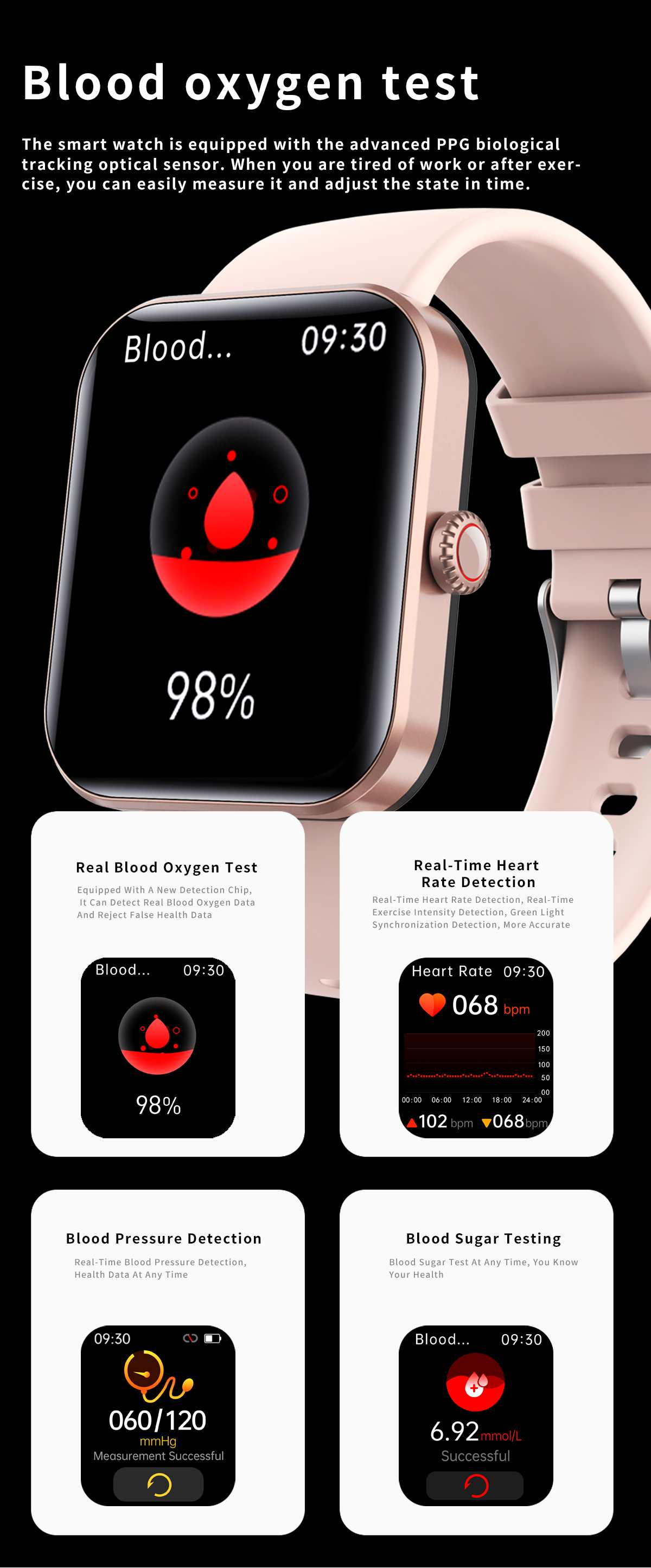 Smartwatch mit Blutsauerstoffanzeige. Das Display zeigt 98% mit rotem Tropfensymbol. Rosa Armband und goldenes Gehäuse sichtbar.