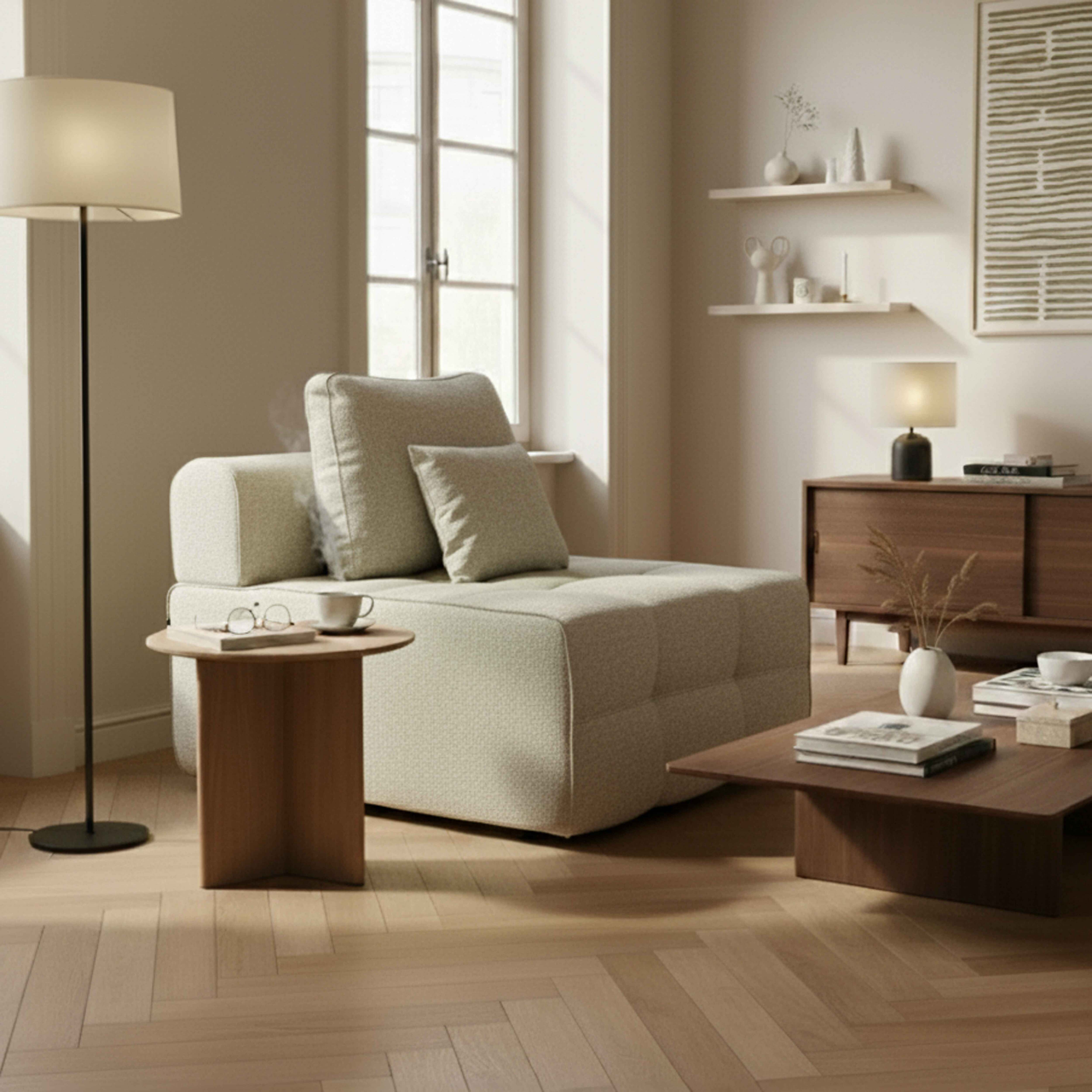 Wohnzimmer. Sofa, Couchtisch mit Büchern, Lampe und Fenster. Neutrale Farben und gemütliche Atmosphäre.