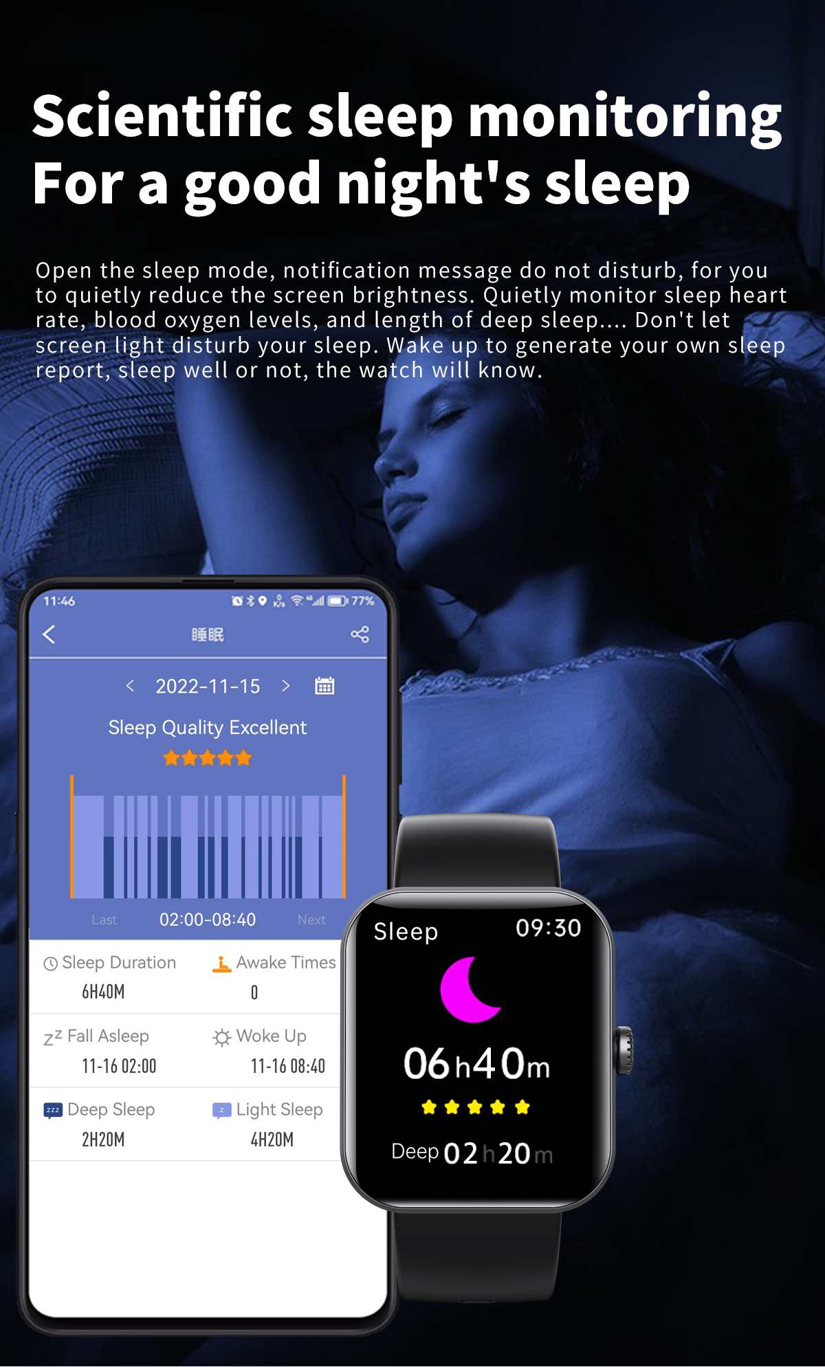 Eine Smartwatch zeigt Schlafinformationen: Dauer, Tiefschlaf und Wachzeiten. Ein Telefon zeigt ein Diagramm zur Schlafqualität.