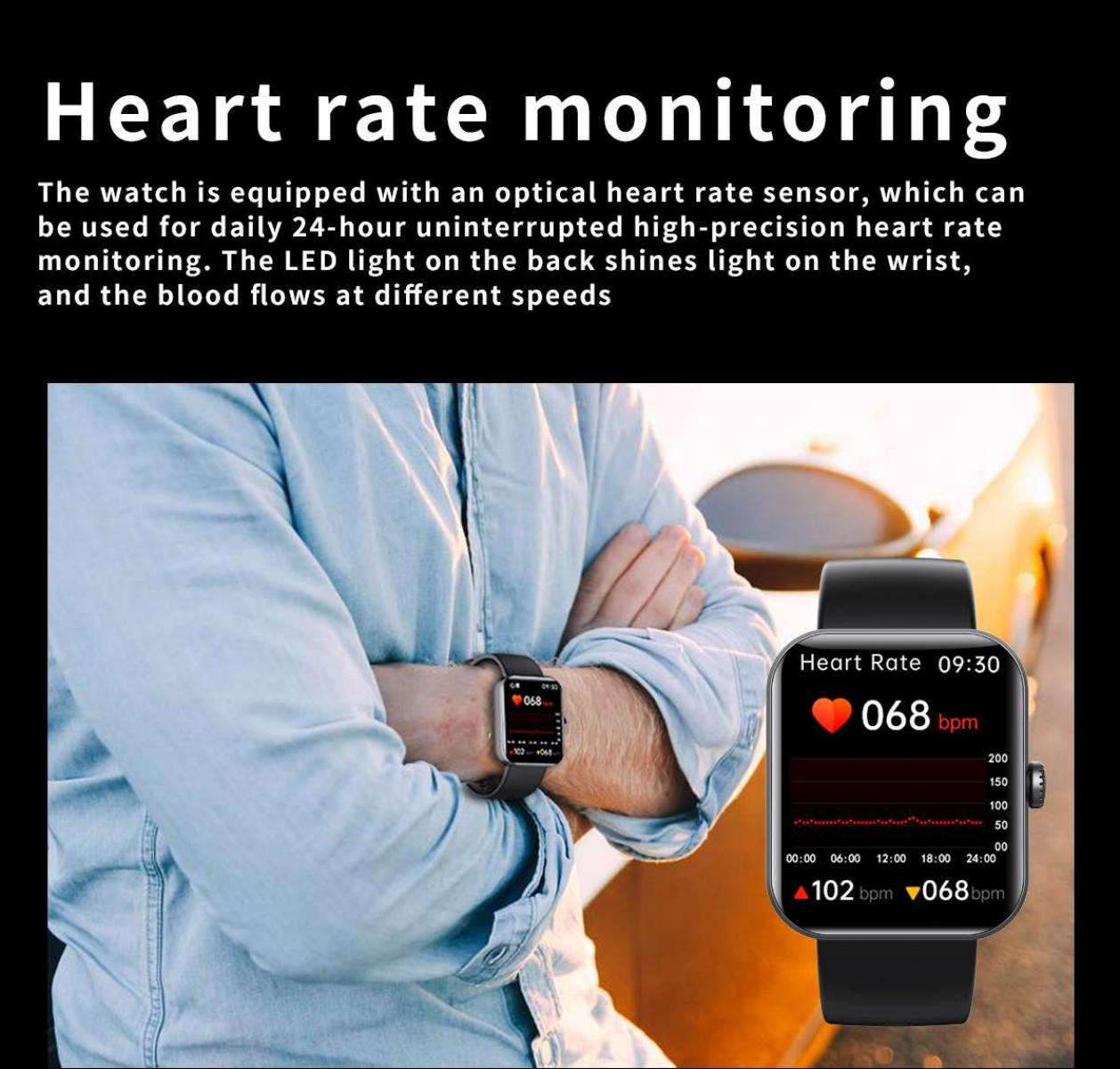 Mann mit Smartwatch, der die Herzfrequenz überwacht. Die Uhr zeigt Herzfrequenzdaten, einschließlich bpm und eine grafische Darstellung.