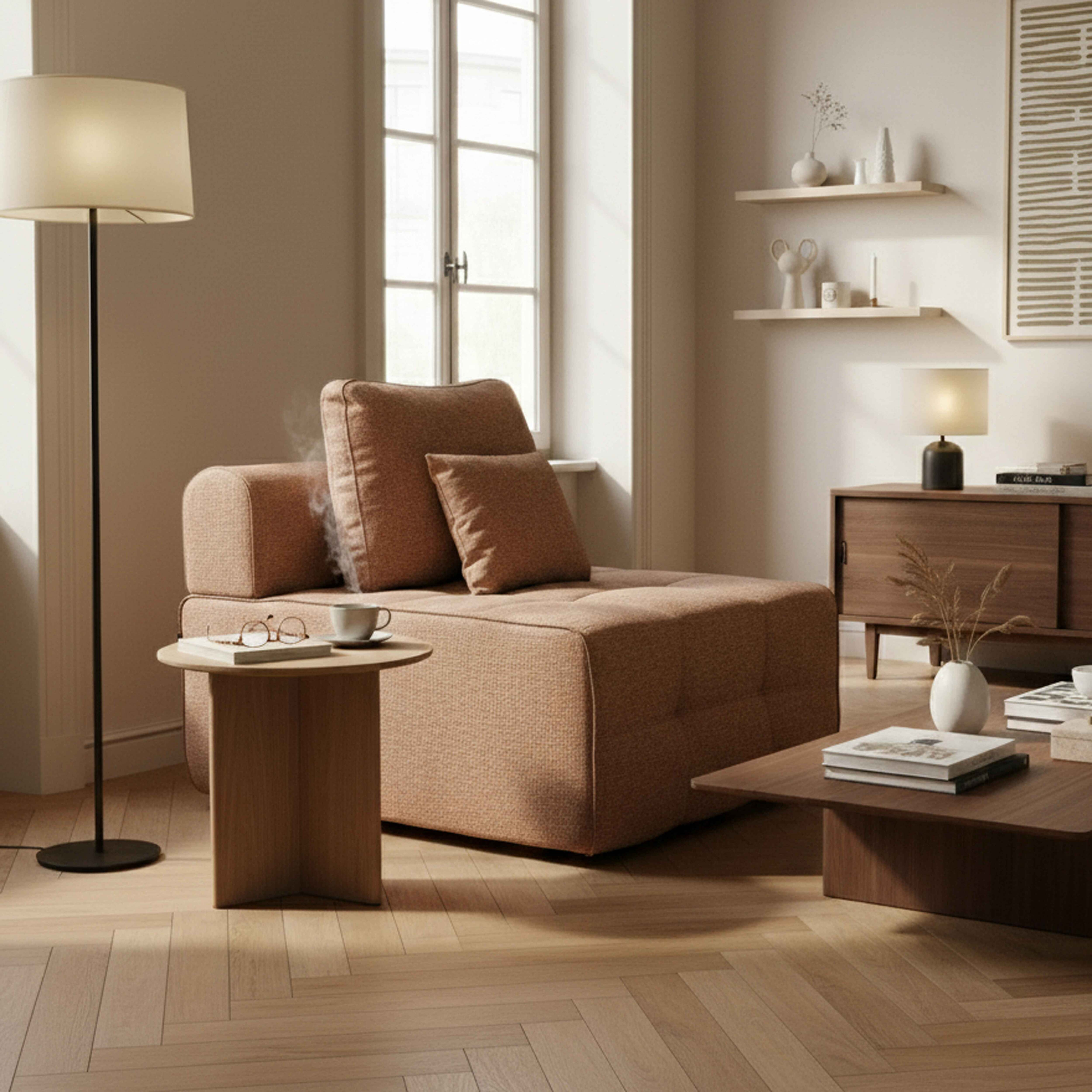 Ein gemütliches Wohnzimmer mit braunem Sofa, Beistelltisch mit Kaffeetasse, Stehlampe und Holzmöbeln. Im Hintergrund ein Fenster.