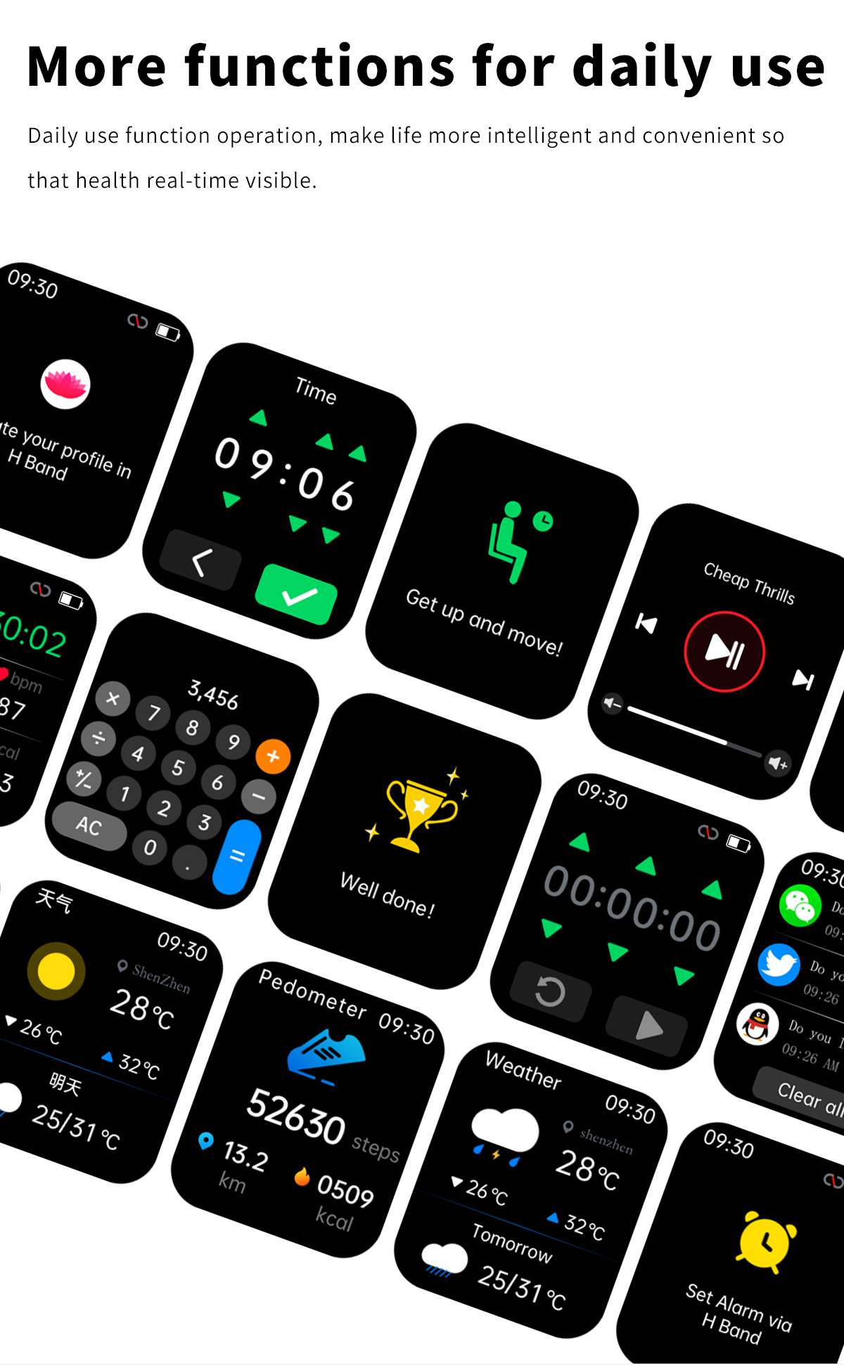 Smartwatch-Oberfläche mit verschiedenen Apps wie Uhrzeit, Rechner, Schrittzähler, Wetter und Musiksteuerung. Anzeige ist schwarz mit weißem Text.