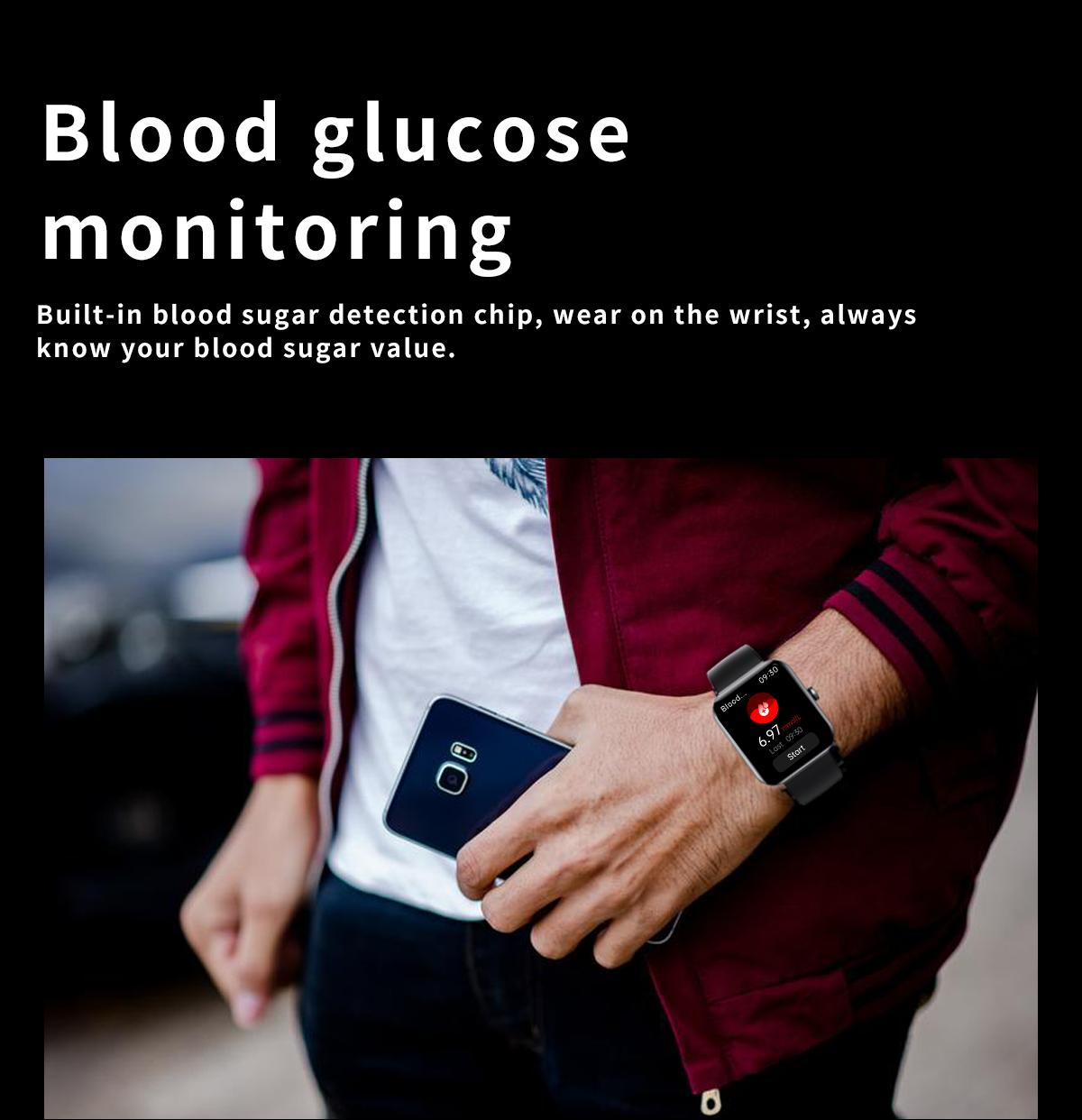 Eine Person trägt eine Smartwatch, die den Blutzucker überwacht. Die Uhr zeigt den Blutzuckerspiegel an. Die Person hält ein Telefon.