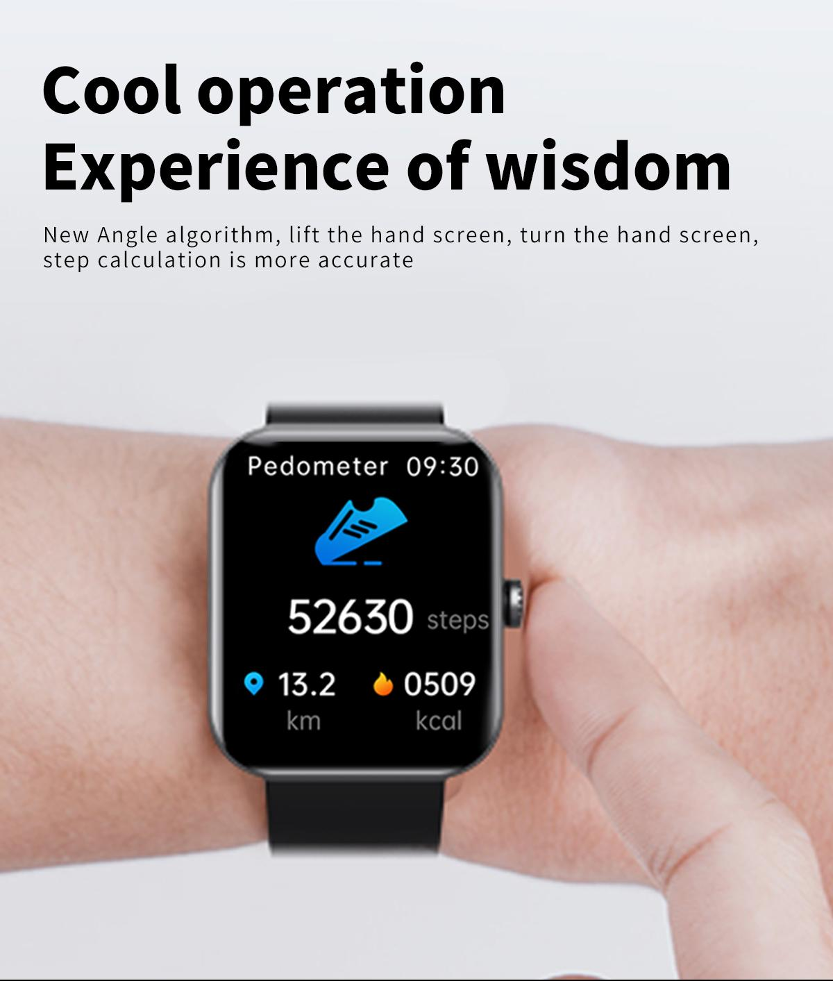 Handgelenk mit Smartwatch, die Schritte, Distanz und Kalorien anzeigt. Oben steht 'Cool operation Experience of wisdom'.