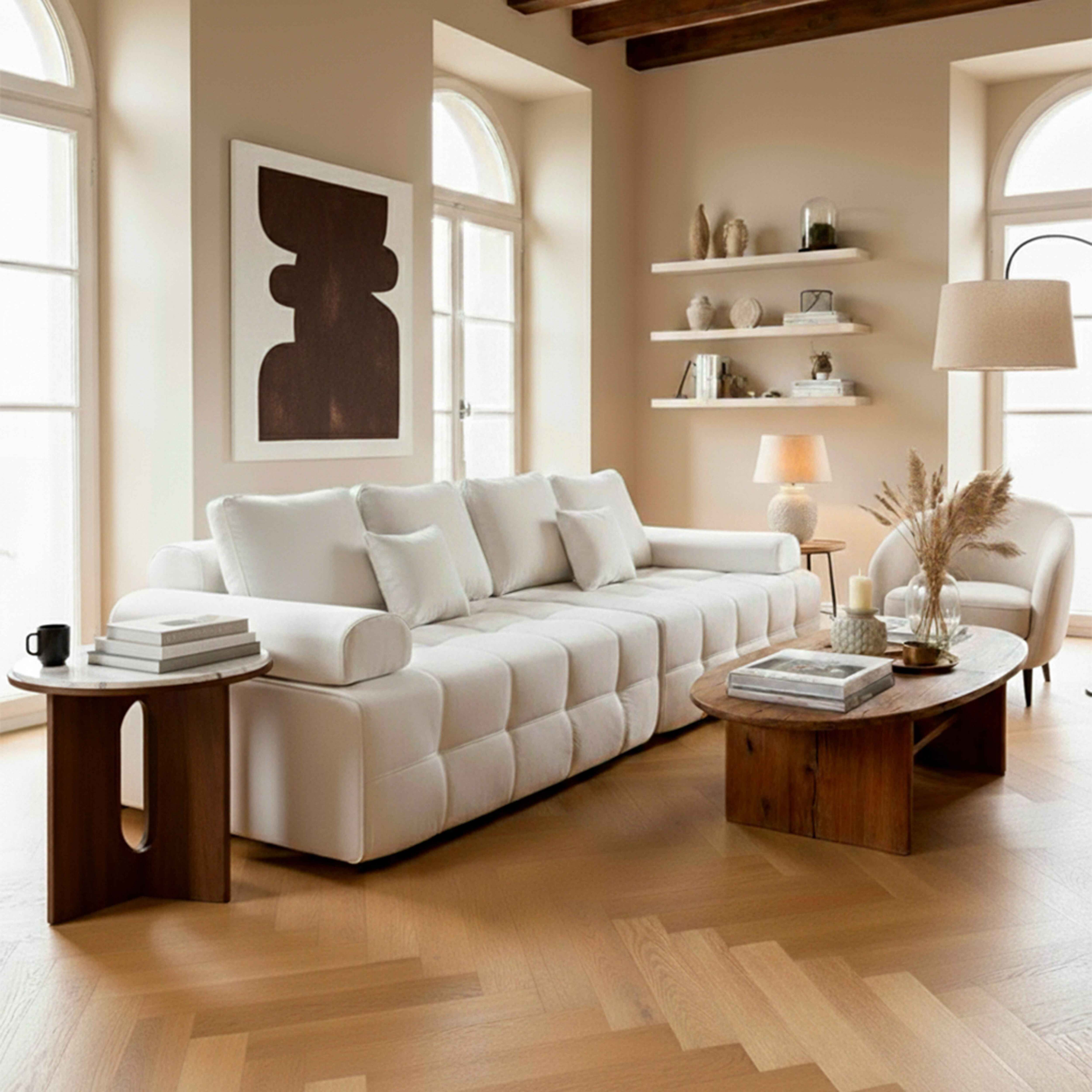 Wohnzimmer mit weißem Sofa, Holztisch, Kunstwerk und großen Fenstern. Beige Wände und Holzboden.