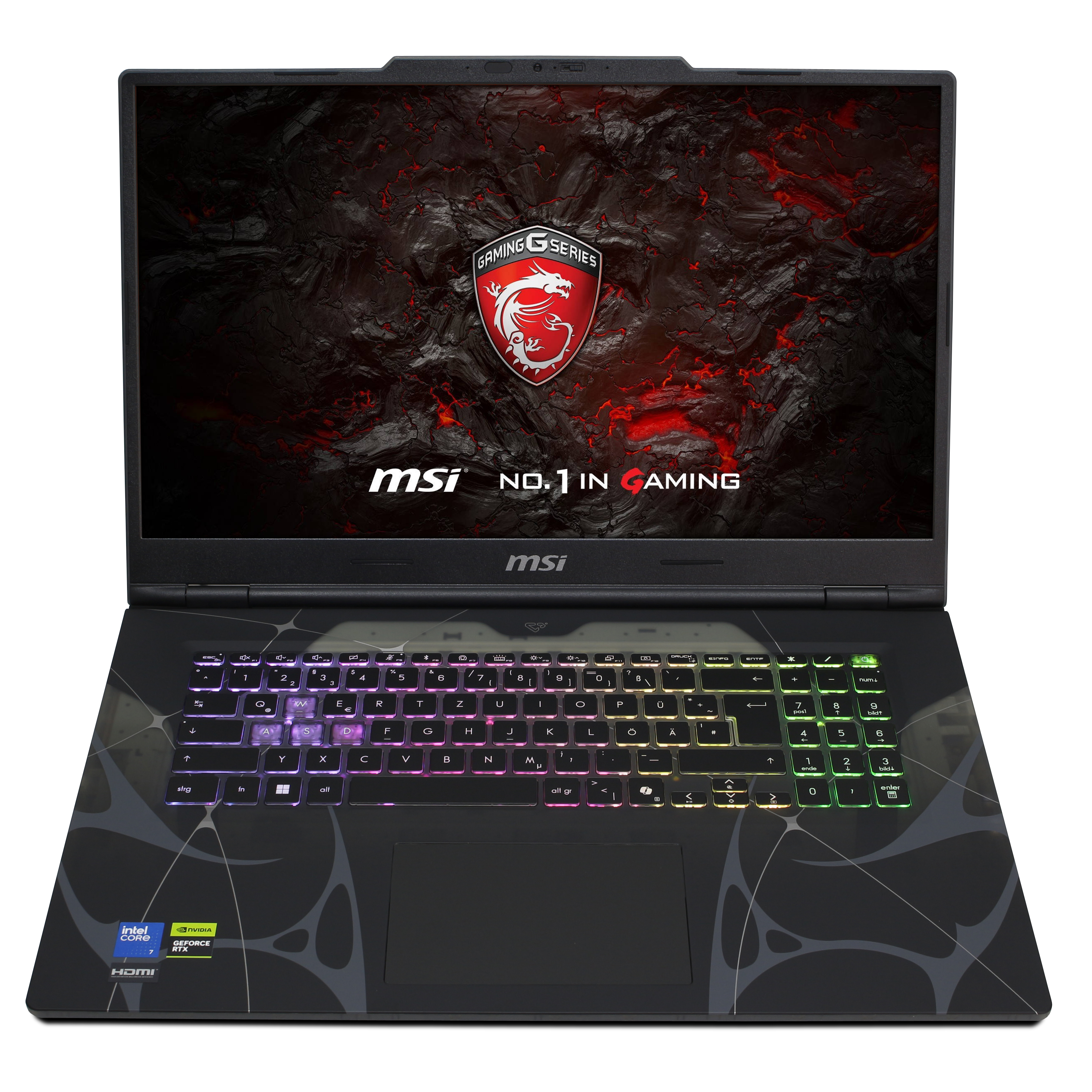 Ein schwarzer MSI-Gaming-Laptop wird angezeigt. Der Bildschirm zeigt ein rot-schwarzes Design. Die Tastatur hat bunte Lichter.
