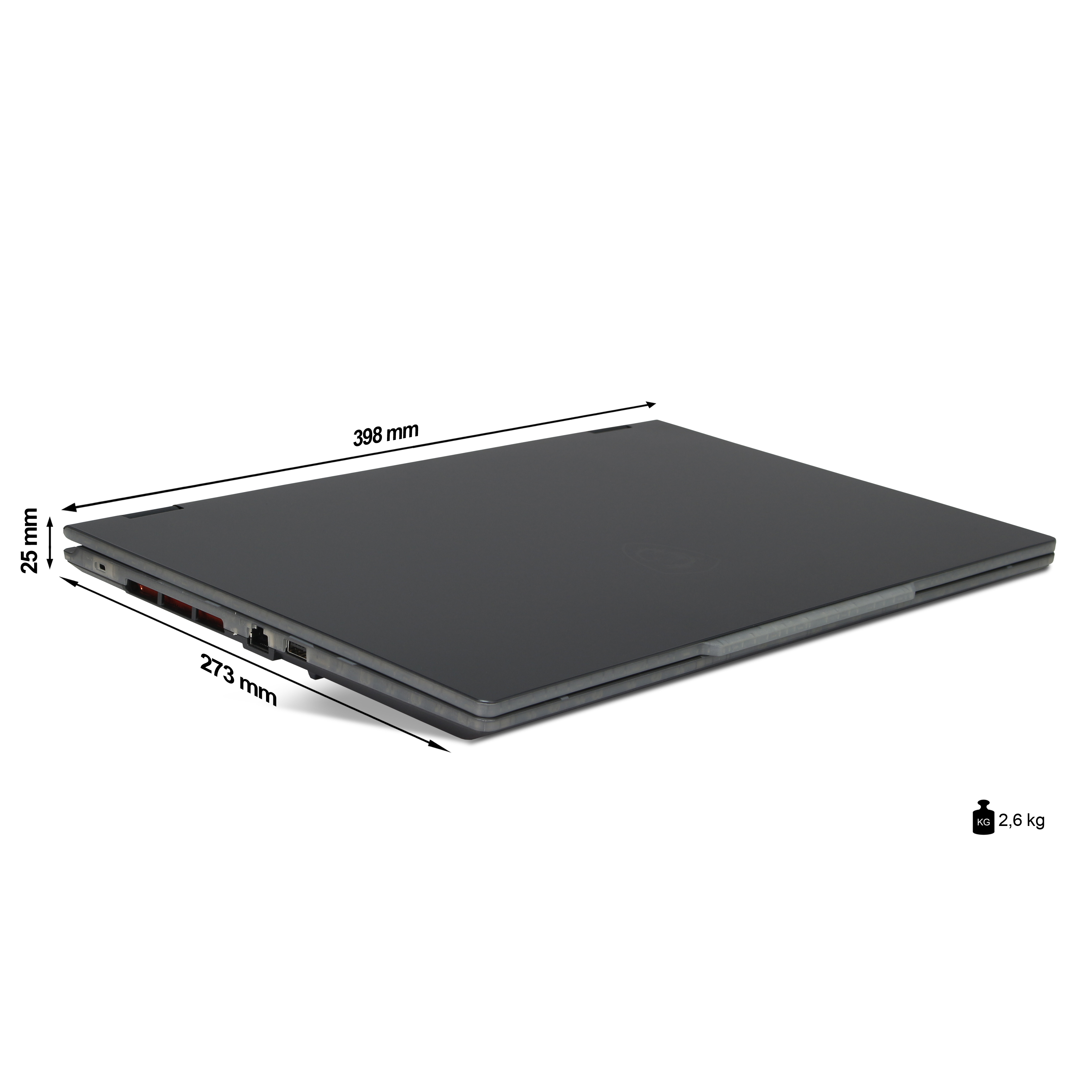 Ein geschlossener, schwarzer Laptop mit den Maßen: 398 mm, 273 mm und 25 mm. Er wiegt 2,6 kg.