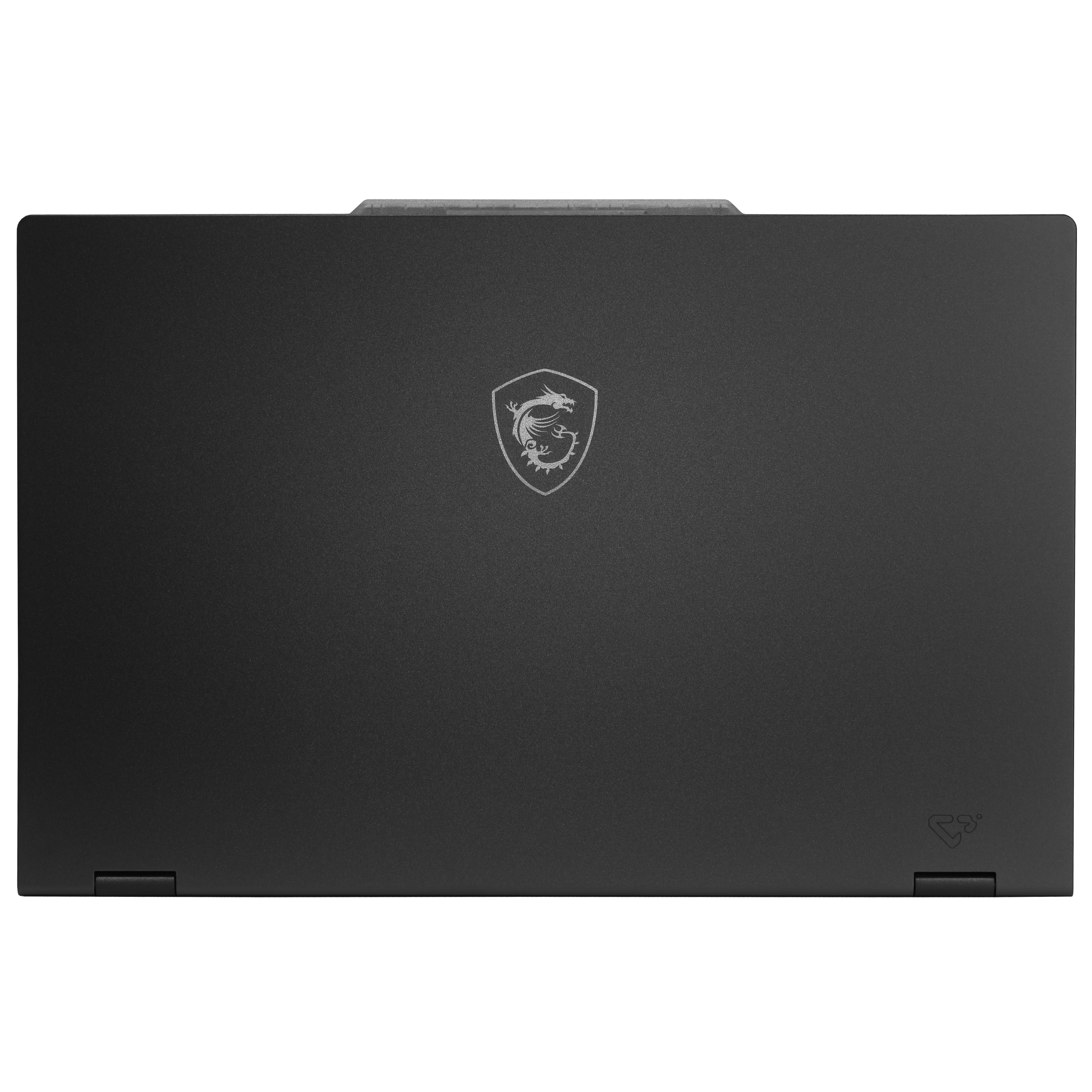 Draufsicht auf einen schwarzen Laptop. MSI-Logo in der Mitte. Der Laptop ist geschlossen.