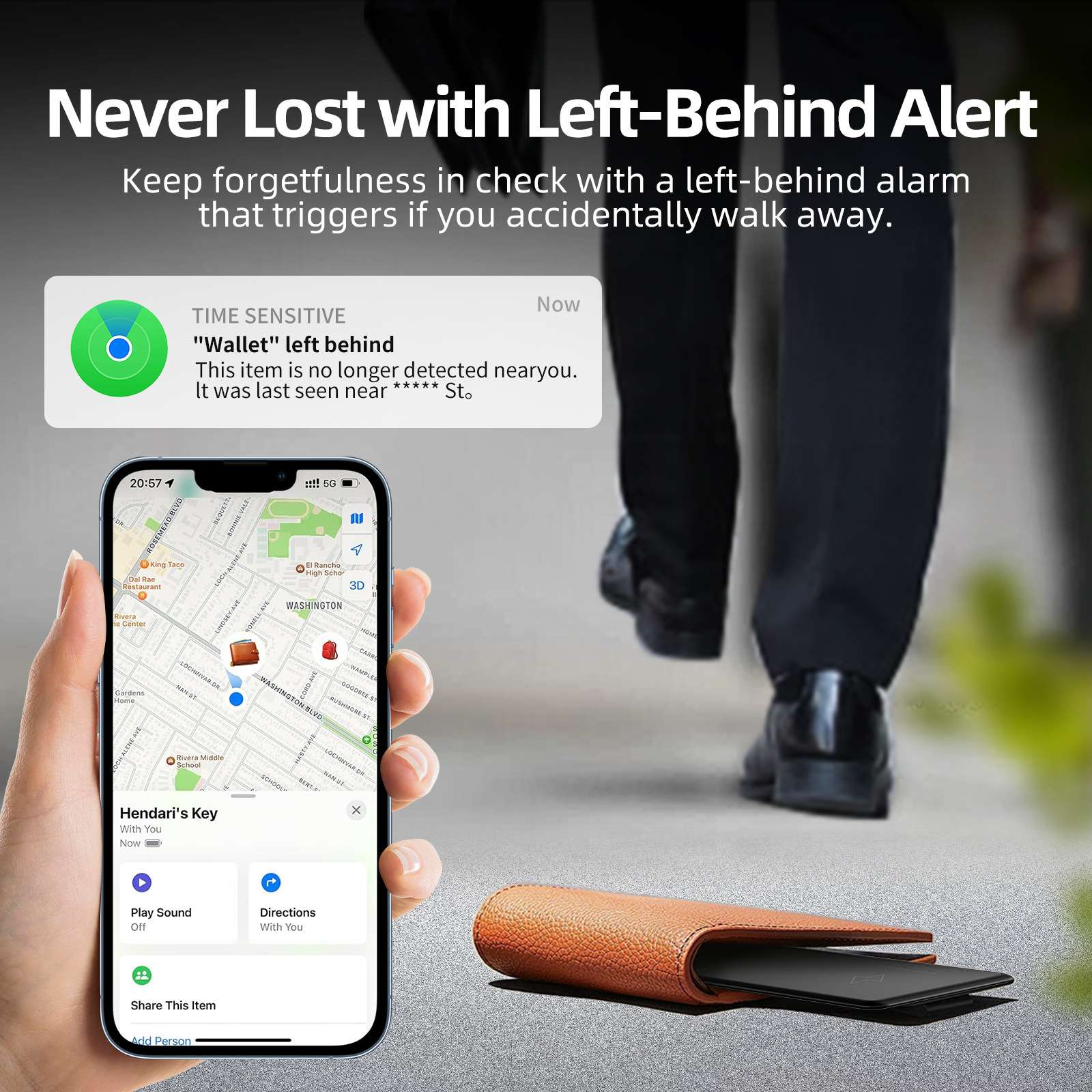 Eine Person geht, ein Telefon zeigt eine Karte, eine Brieftasche und eine Benachrichtigung über eine vergessene Brieftasche.