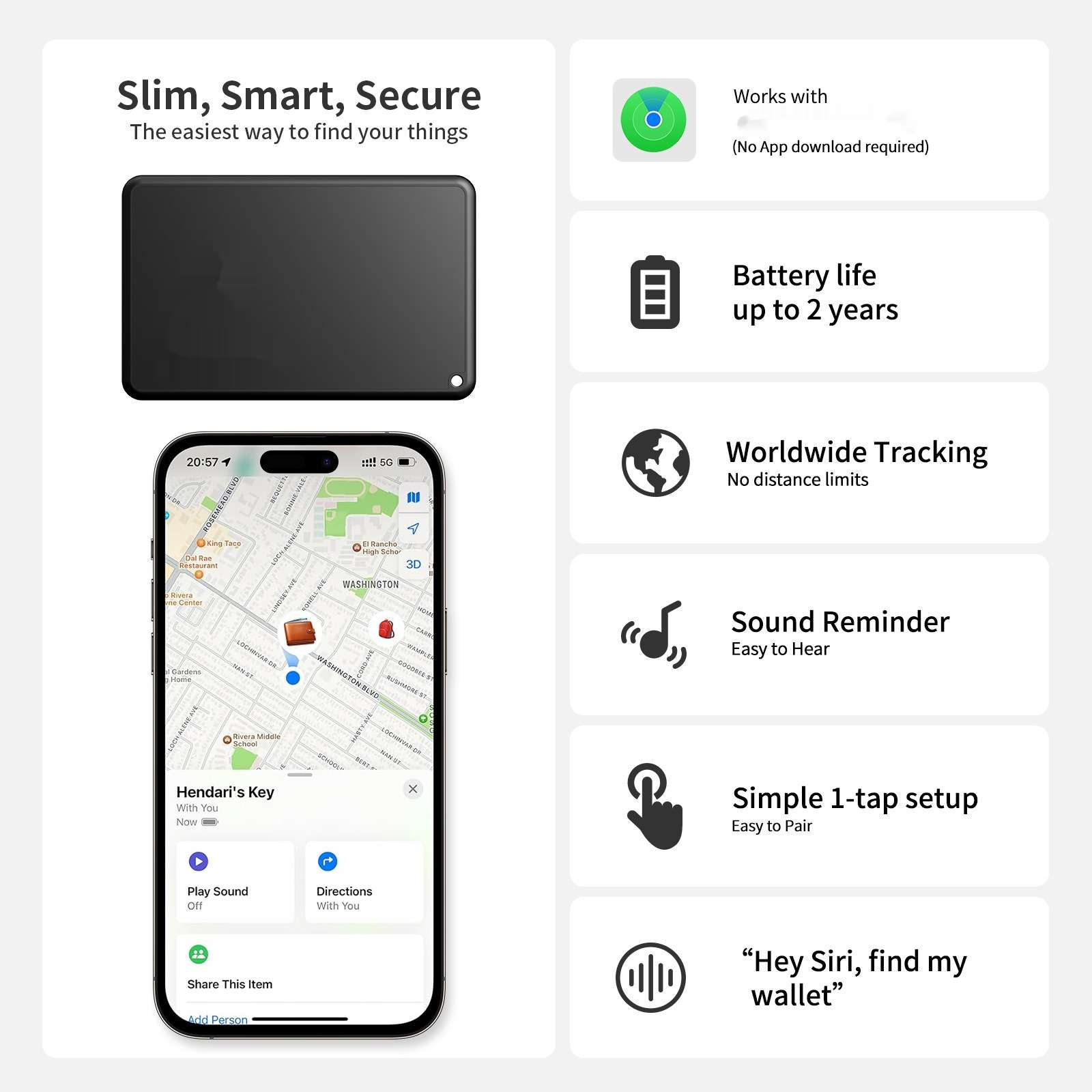 Das Bild zeigt einen Tracker mit Telefonkarte. Zu den Funktionen gehören weltweite Ortung, 2 Jahre Akkulaufzeit und Siri-Kompatibilität.
