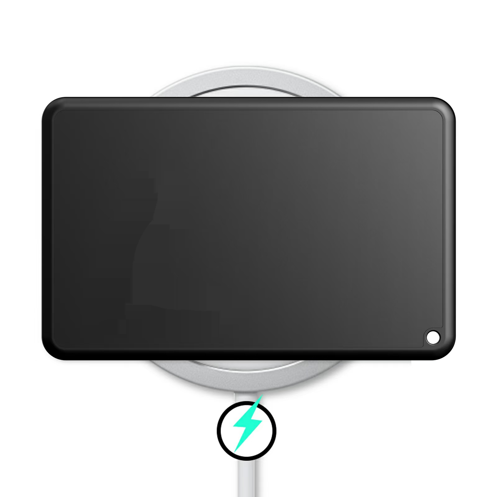 Schwarzes Tablet auf einem silbernen kabellosen Ladegerät, mit einem Blitzsymbol, das das Laden anzeigt.