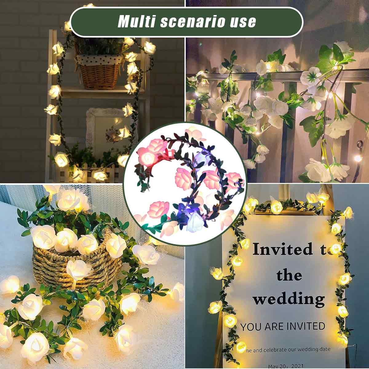Collage von Bildern, die Rosenlichter zur Dekoration zeigen, darunter ein Hochzeitsschild. Oben steht 'Multi-Szenario-Nutzung'.