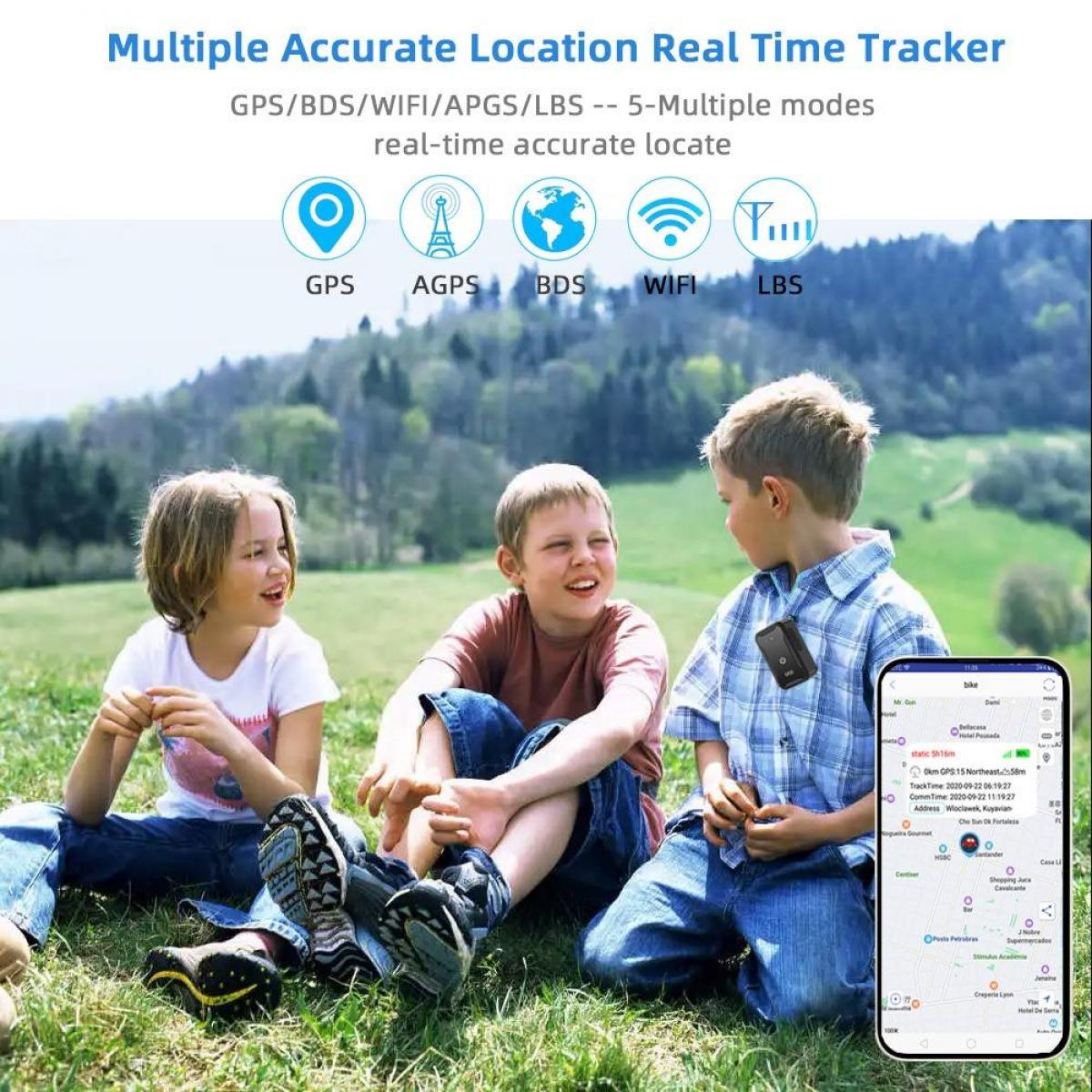 Drei Kinder sitzen auf Gras, eines mit einem Tracker. Ein Telefon zeigt eine Karte. Text oben bewirbt Echtzeit-Standortverfolgung.