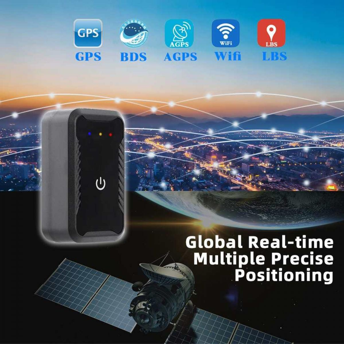 Das Bild zeigt ein GPS-Gerät, einen Satelliten und eine Stadtlandschaft. Text deutet auf Echtzeit-Präzisionsortung mit GPS, BDS, AGPS, Wifi, LBS hin.
