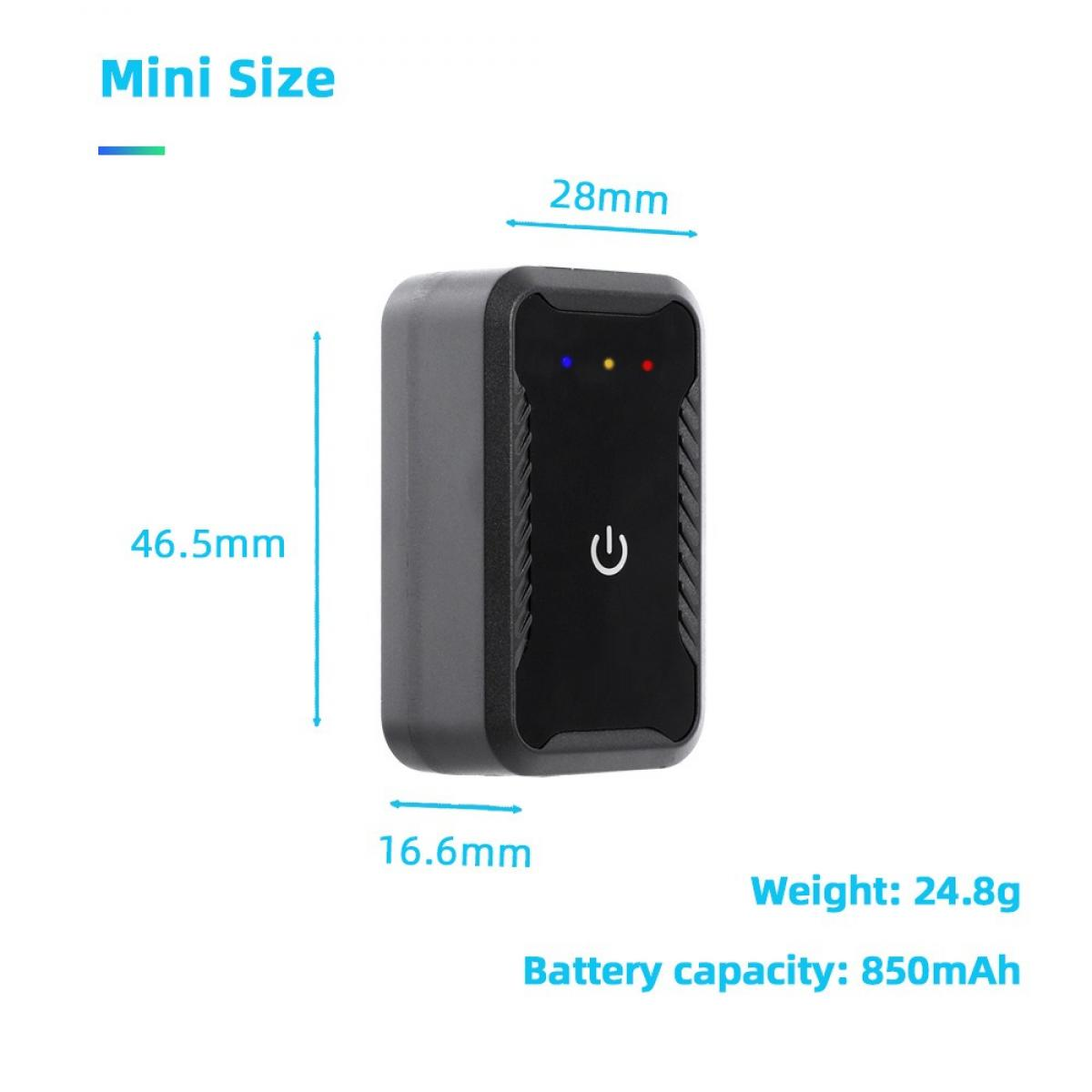 Ein schwarzes Mini-Gerät mit Ein/Aus-Taste, Abmessungen und technischen Daten auf weißem Hintergrund.