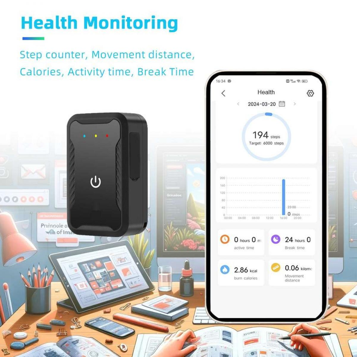 Das Bild zeigt einen Gesundheitstracker, ein Smartphone mit Gesundheitsdaten und die Hände einer Person, die an einem Dokument arbeitet.