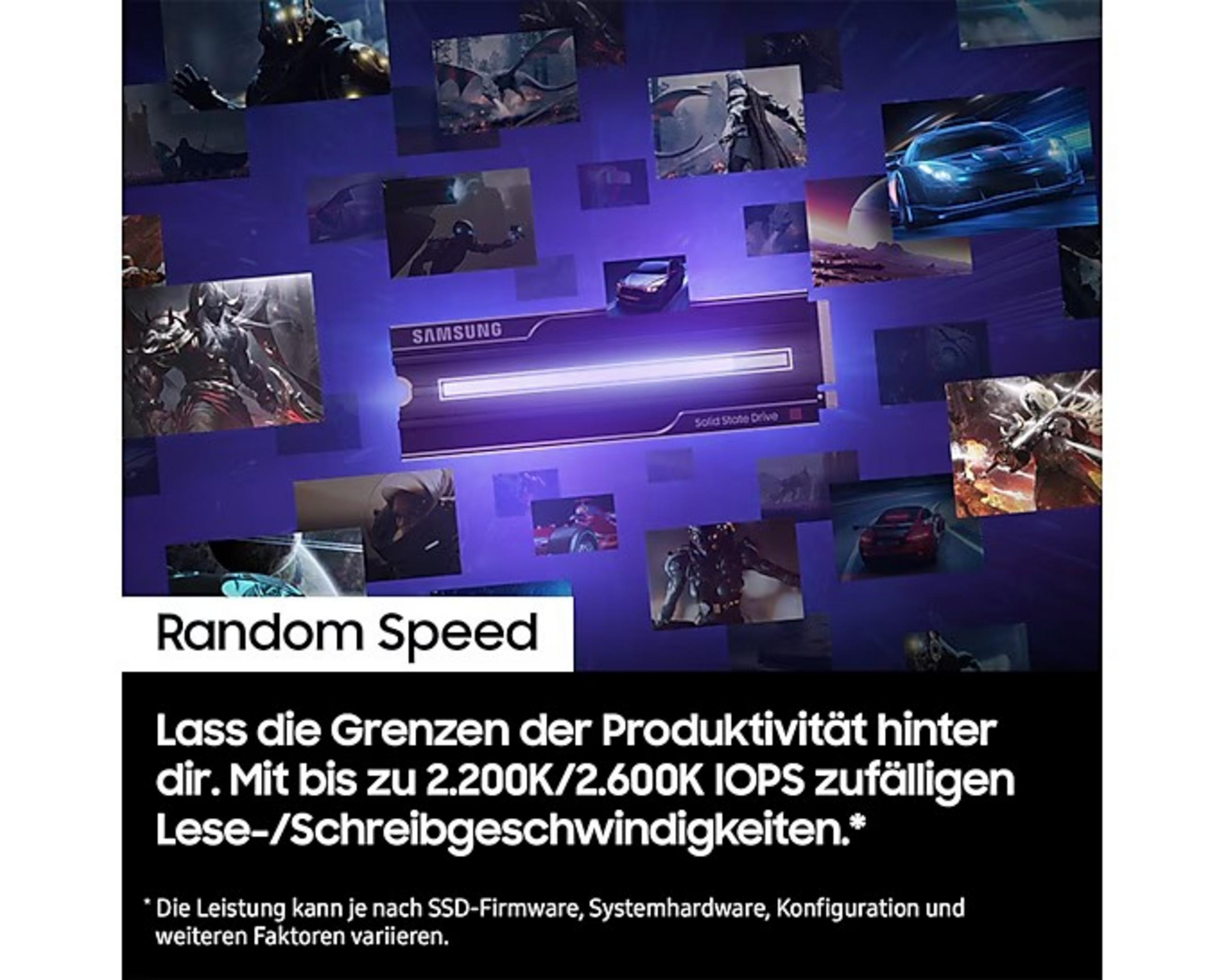 Dysk SSD Samsung z jasnym światłem, otoczony obrazami gier i samochodów, z niemieckim tekstem poniżej.