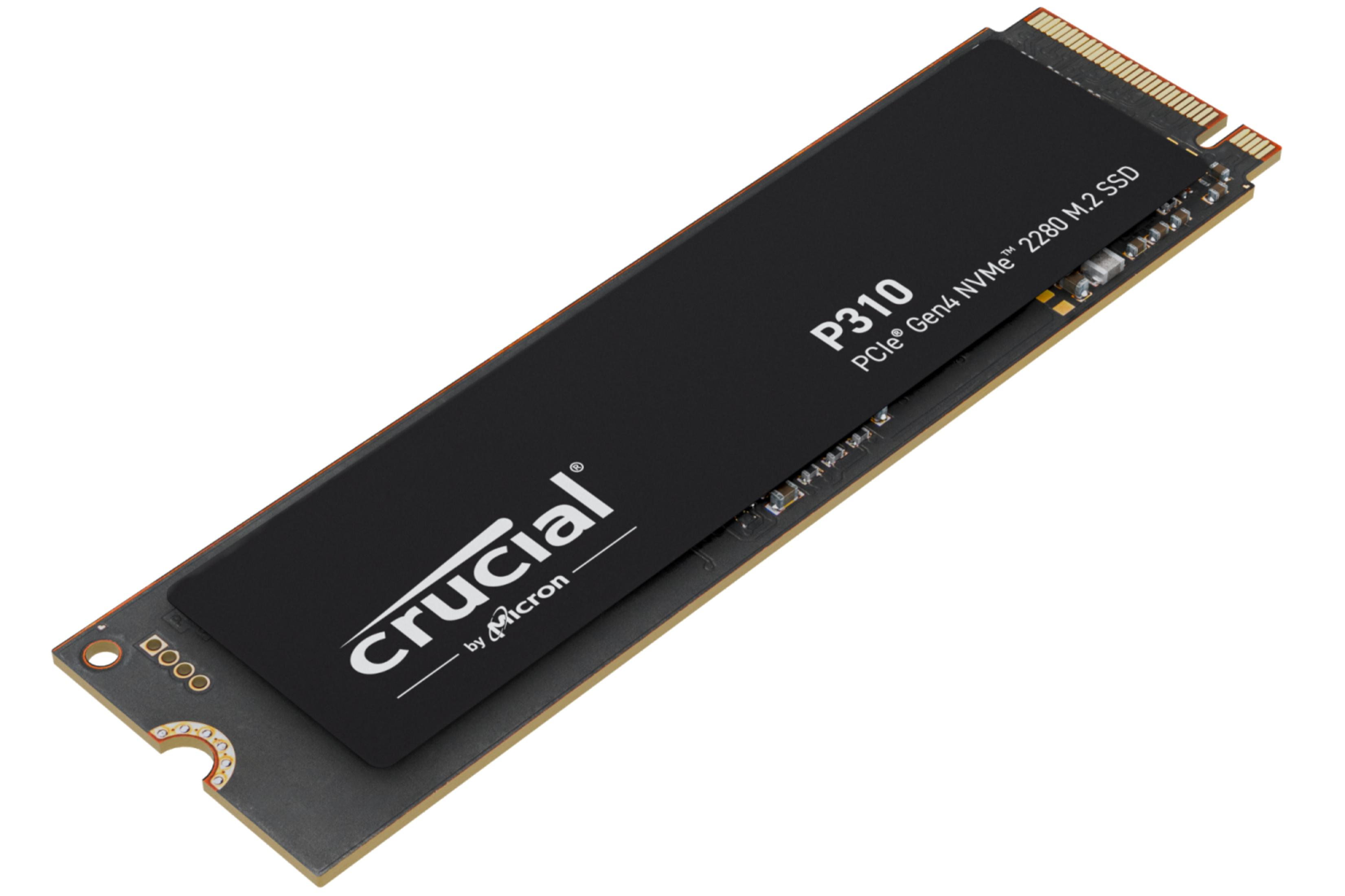 Czarny dysk SSD Crucial P310 NVMe 2280 M.2 na białym tle. Zawiera logo Crucial i markę Micron.