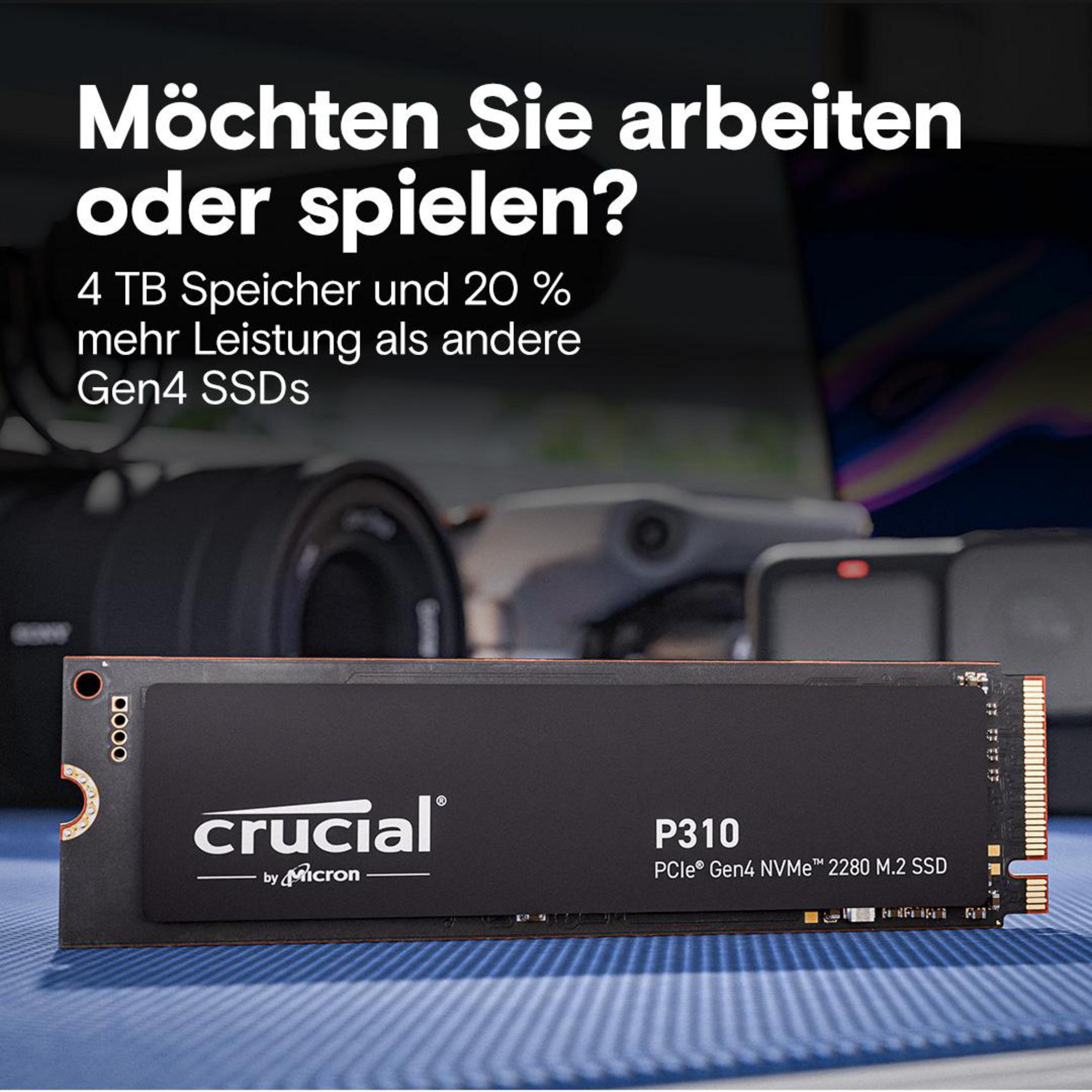 Dysk SSD z tekstem: 'Möchten Sie arbeiten oder spielen?' ze specyfikacjami: 4TB, 20% więcej wydajności.