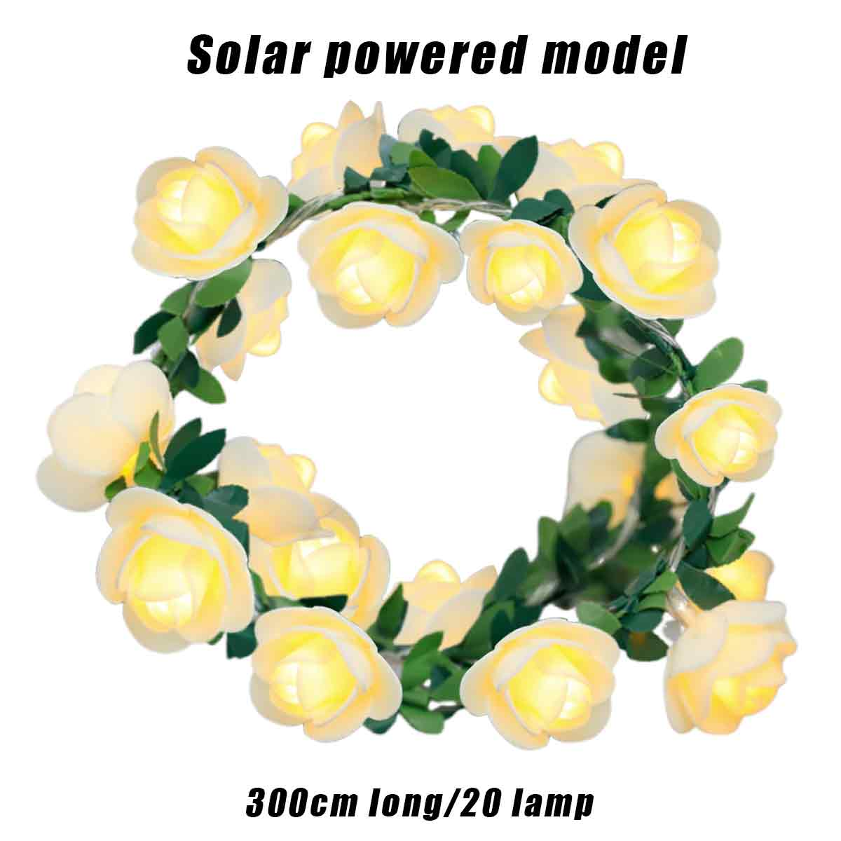 Ein solarbetriebenes Modell mit einem Kreis aus weißen rosenförmigen Lichtern mit grünen Blättern. Text: 300 cm lang/20 Lampen.