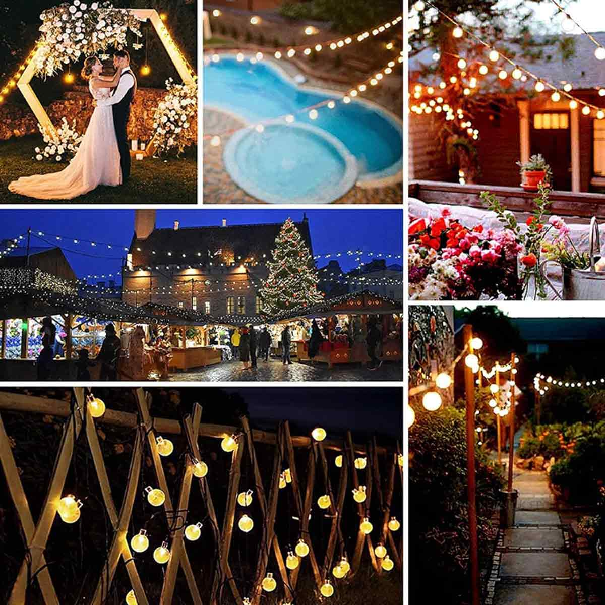 Eine Collage von Bildern mit Lichterketten: eine Hochzeit, ein Pool, ein Haus, Blumen, Weihnachtsmarkt und ein Gartenweg.