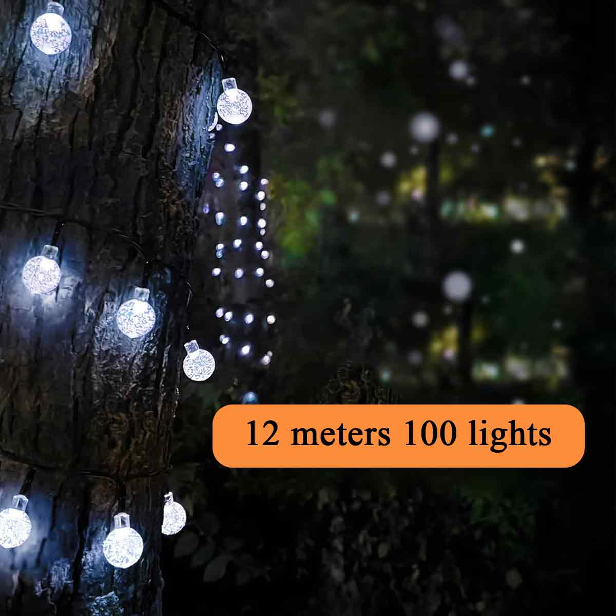 Lichterketten mit weißen, leuchtenden Glühbirnen sind an einem Baumstamm befestigt. Der Hintergrund ist dunkel mit verschwommenem Laub.