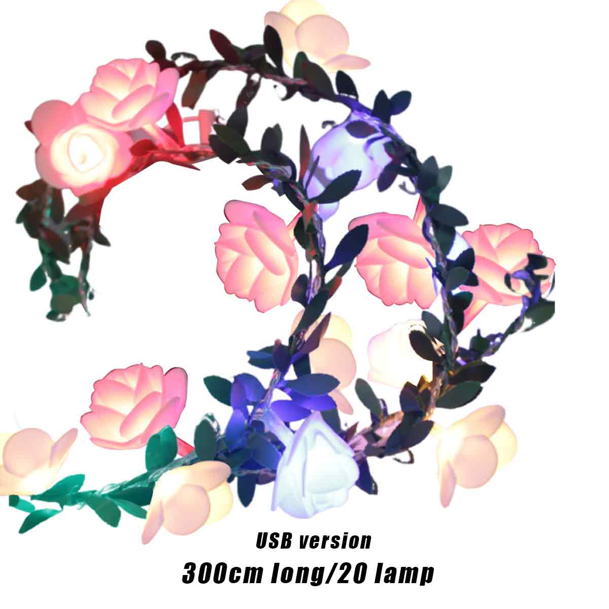Eine Girlande aus leuchtenden rosenförmigen Lichtern in Rosa und Weiß, mit grünen Blättern auf weißem Hintergrund.