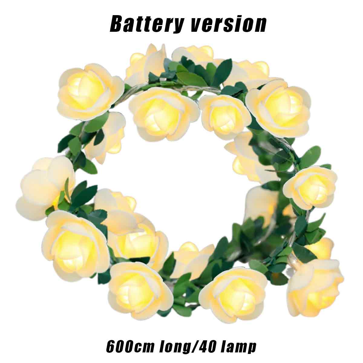 Ein kreisförmiger Girlande aus beleuchteten weißen Rosen mit grünen Blättern. Oben steht 'Battery version', unten '600cm long/40 lamp'.