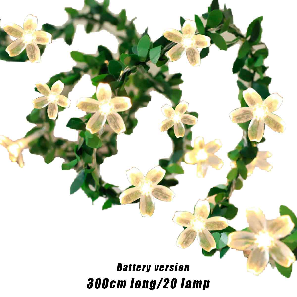 Eine Girlande aus leuchtenden Blumenlichtern auf weißem Hintergrund. Grüne Blätter und Text unten zeigen die Batterieversion an.