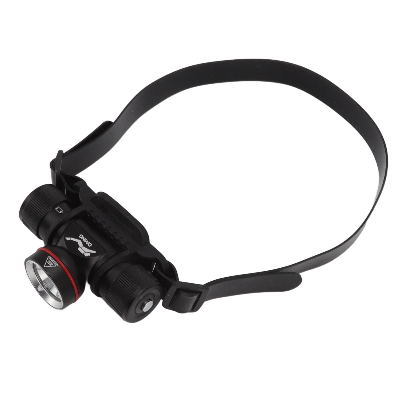 Schwarze Stirnlampe mit Riemen. Sie hat ein Licht mit roten Akzenten und das Wort 'DIVING'.