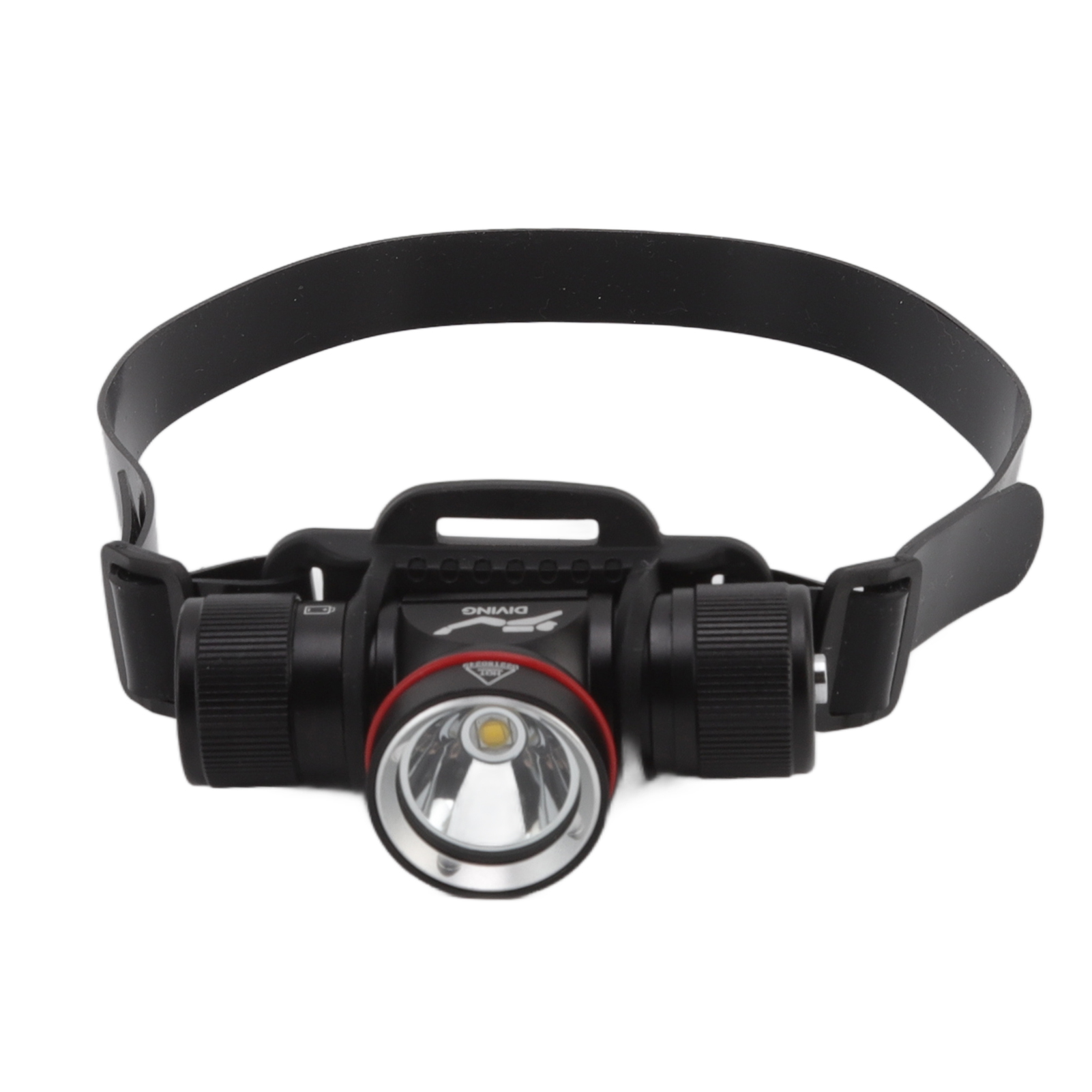 Eine schwarze Stirnlampe mit zentralem Licht, rotem Ring und verstellbaren Riemen. Es steht 'DIVING' drauf.