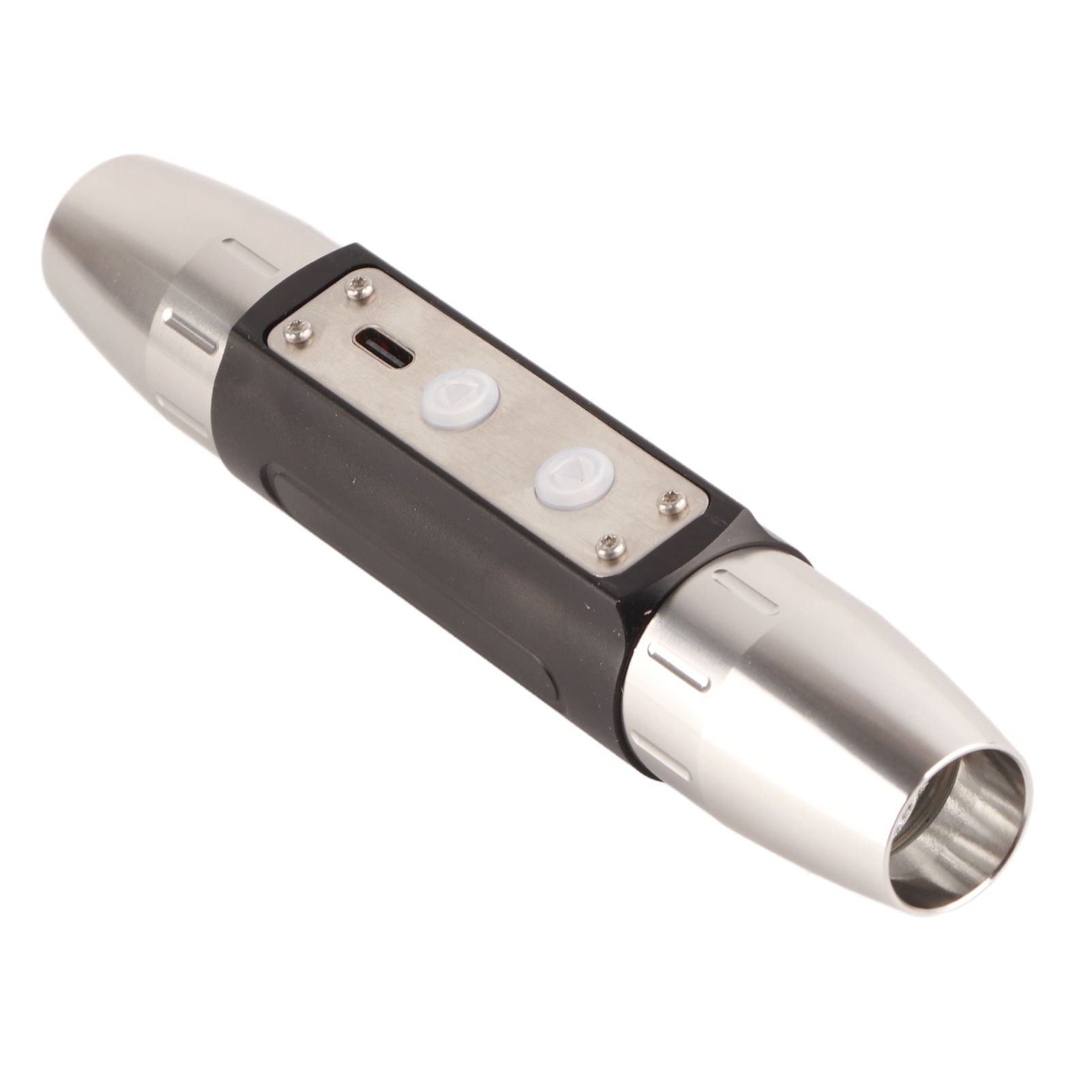 Ein silbernes und schwarzes zylindrisches Gerät mit zwei Knöpfen. Es hat einen USB-C-Anschluss und befindet sich auf weißem Grund.