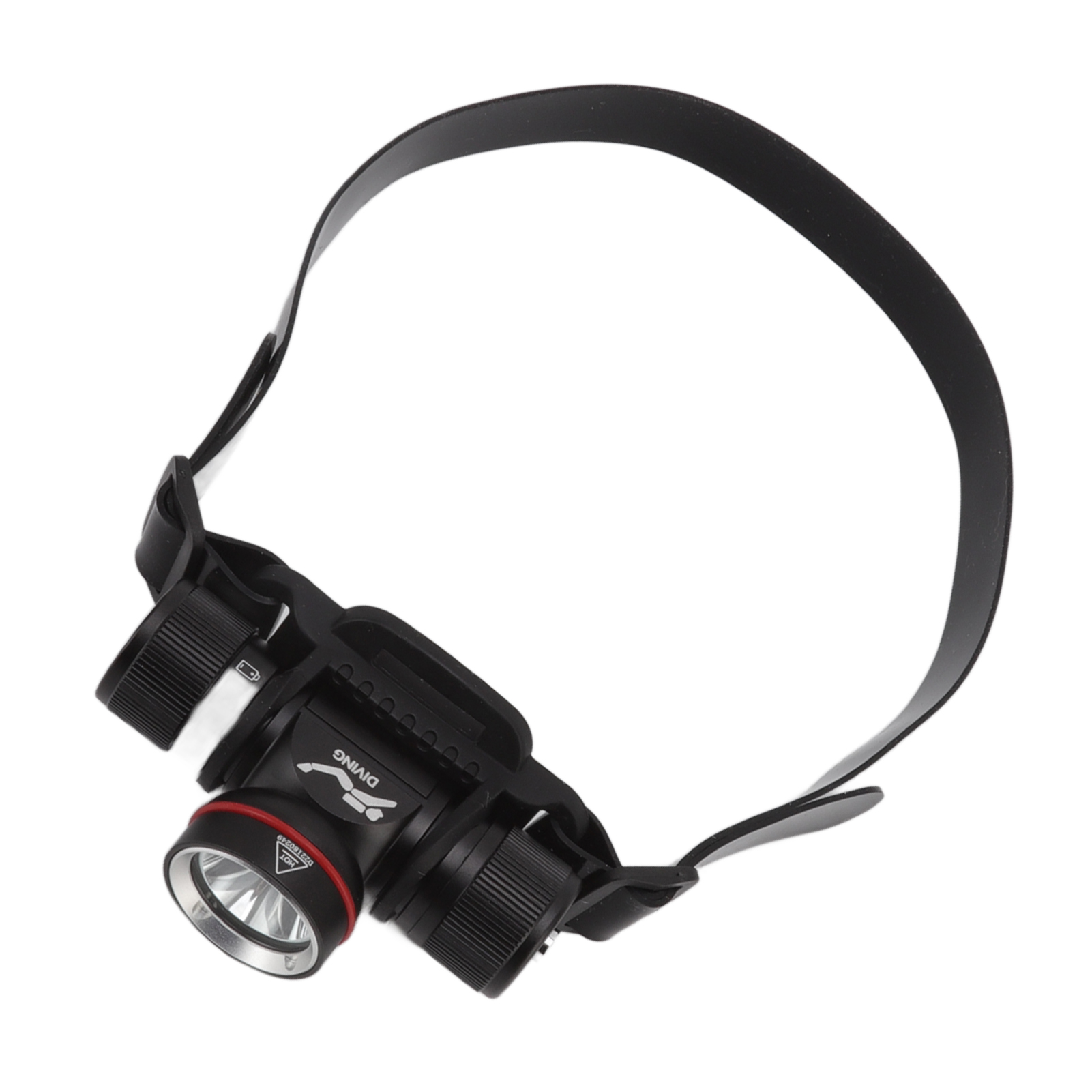 Eine schwarze Stirnlampe mit schwarzem Riemen auf weißem Hintergrund. Die Stirnlampe hat einen roten Ring um das Licht.