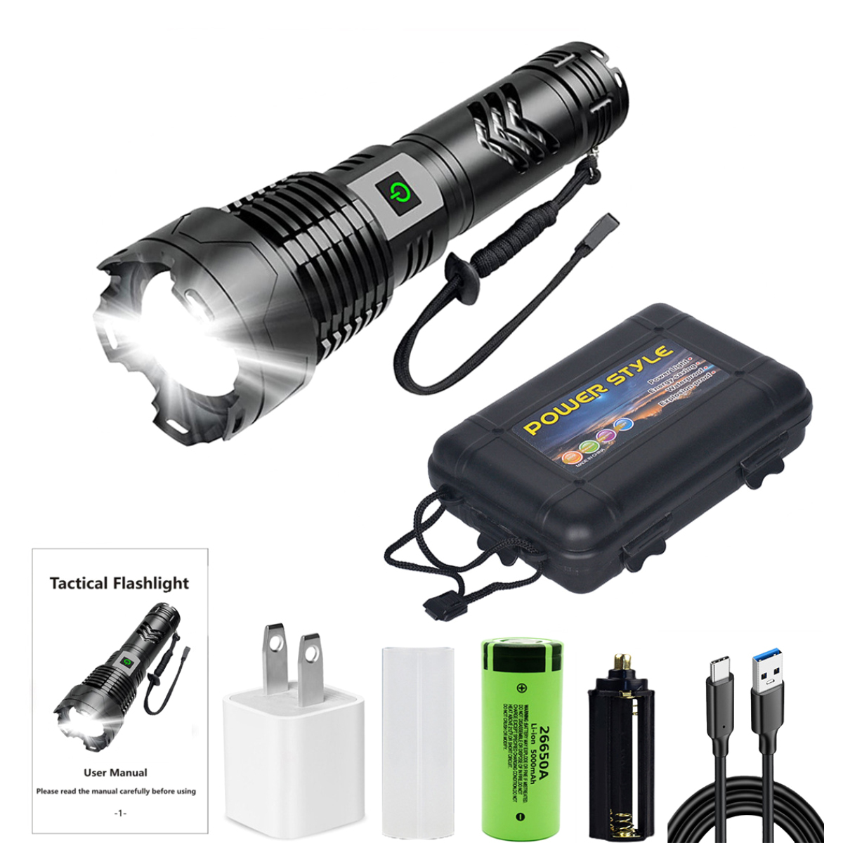 Schwarze taktische Taschenlampe mit Zubehör: Ladegerät, Akku, Koffer, Handbuch und Kabel. Die Taschenlampe ist an.