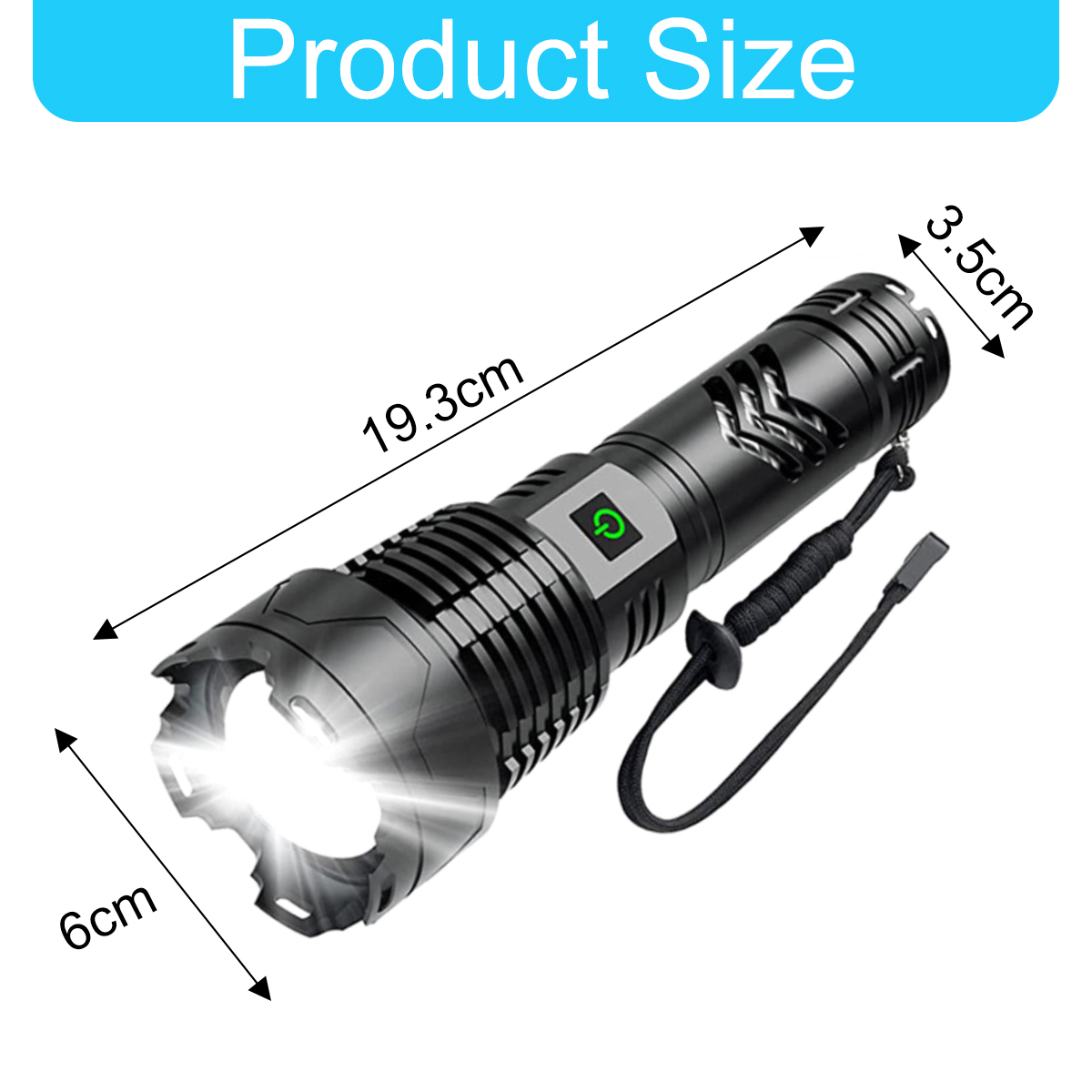 Eine schwarze Taschenlampe mit Maßangaben. Sie ist 19,3 cm lang und 6 cm breit. Oben steht 'Produktgröße'.