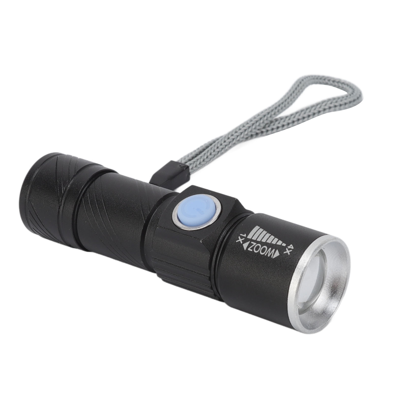 Schwarze Taschenlampe mit blauem Knopf und grauem Riemen. Das Licht hat eine Zoomfunktion und eine silberne Linse.
