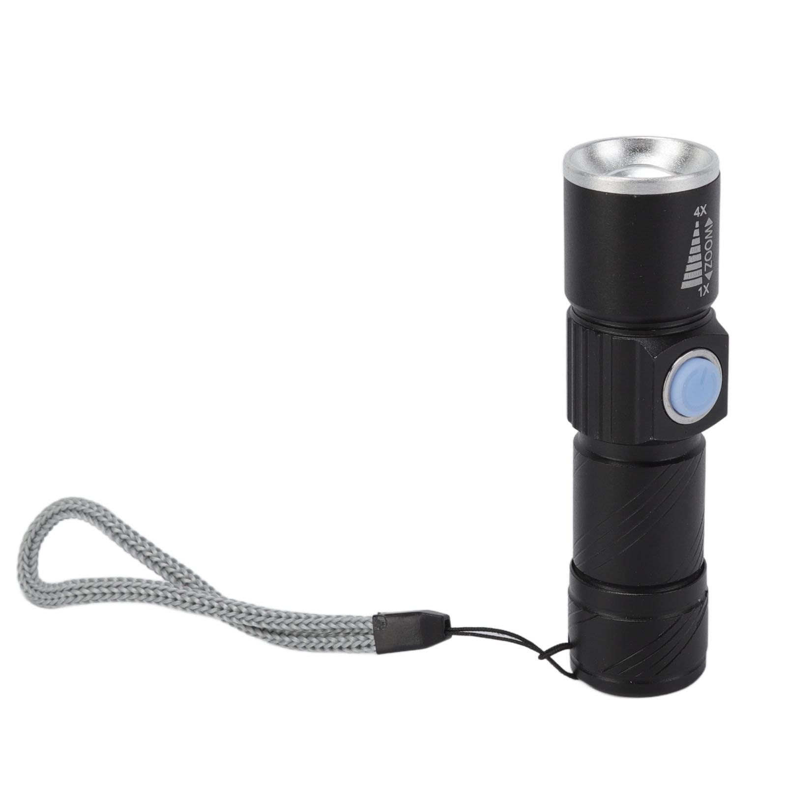 Eine schwarze Taschenlampe mit Zoomfunktion auf weißem Hintergrund. Sie hat eine graue Handschlaufe.