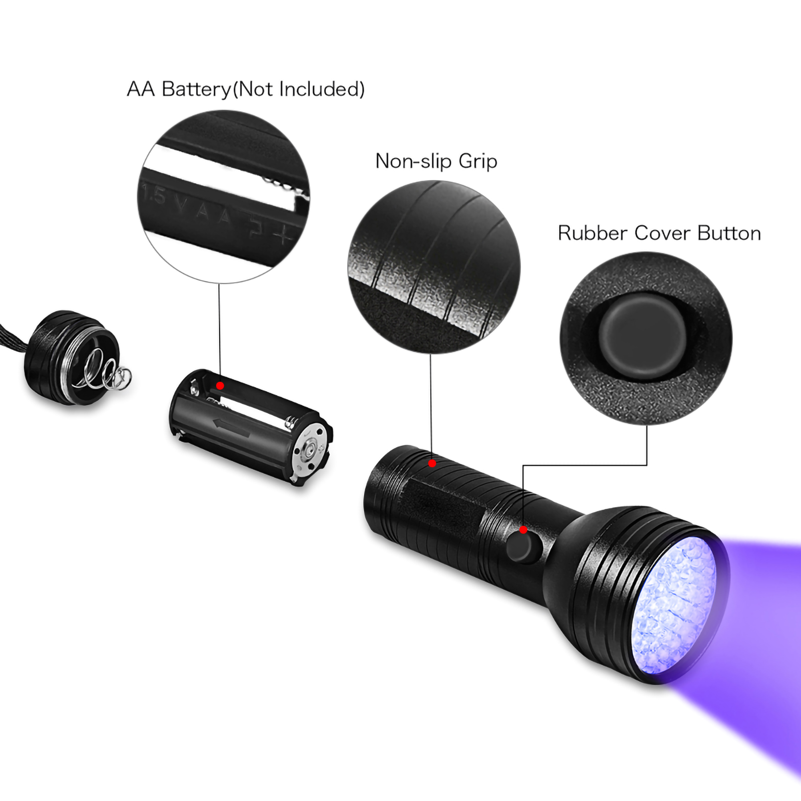 Schwarze Taschenlampe mit violettem Licht, zerlegtes Batteriefach, Nahaufnahmen von Teilen und Funktionen.