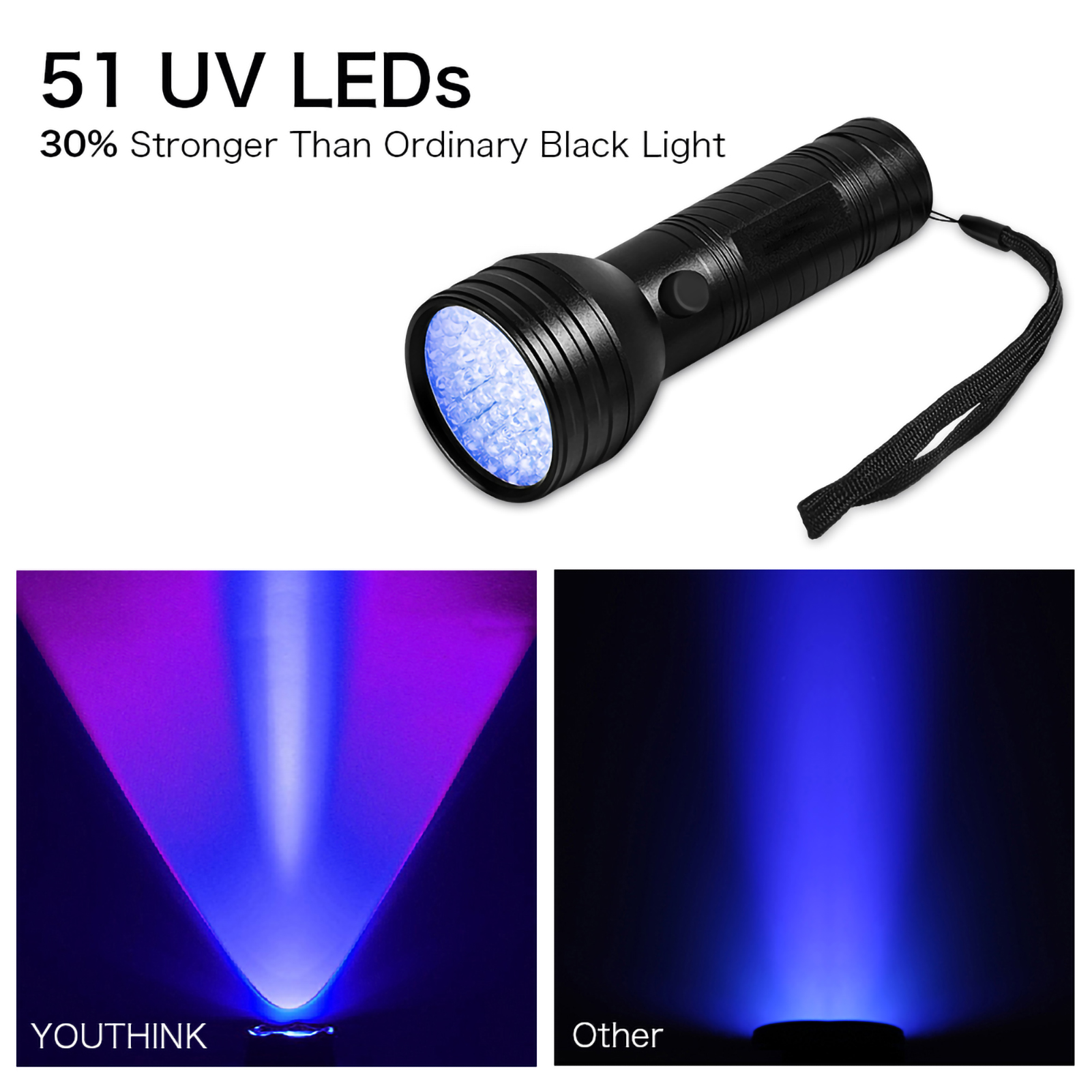 Schwarze UV-Taschenlampe mit blauen LEDs, Lichtstrahl. Enthält YOUTHINK- und Other-Etiketten, die Lichtvergleiche zeigen.