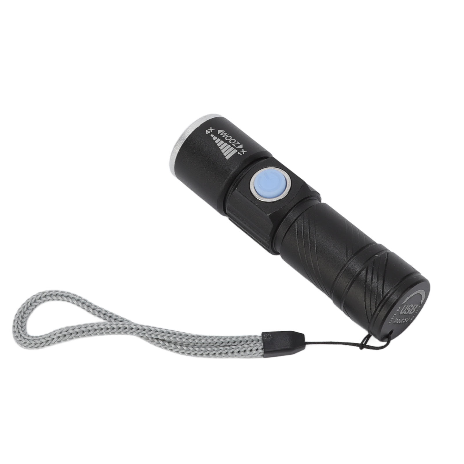 Schwarze Taschenlampe mit blauem Knopf und grauem Umhängeband. Sie hat einen USB-Anschluss und Zoom-Steuerung. Isoliert auf Weiß.
