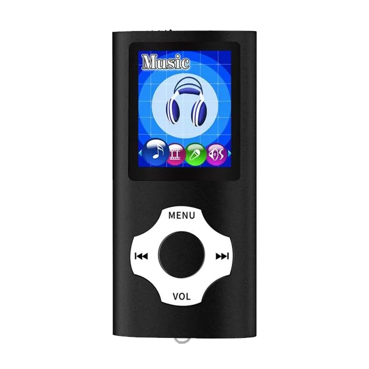 Schwarzer MP3-Player mit Bildschirm, der Musikinformationen und Steuertasten, einschließlich Lautstärke und Menüoptionen, anzeigt.