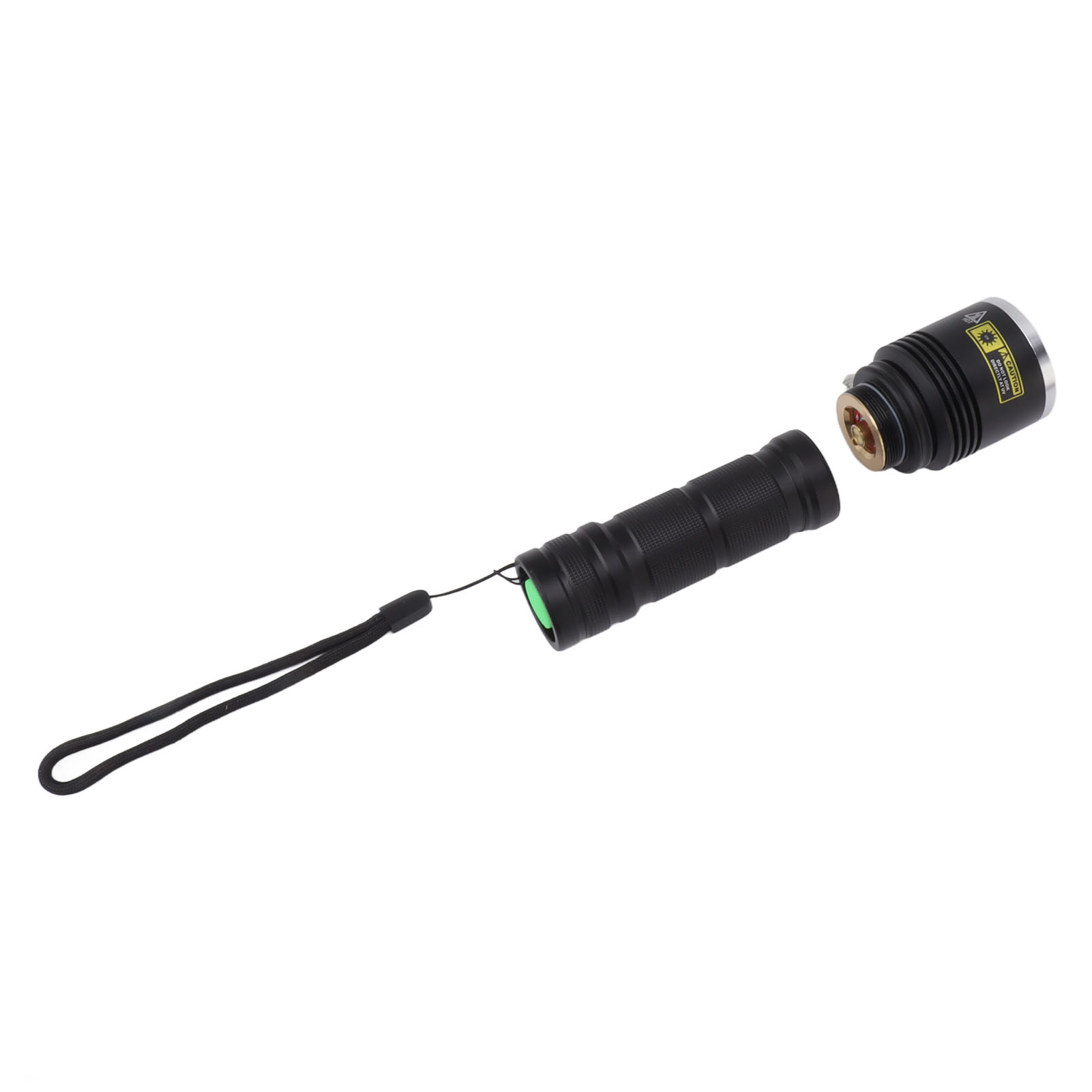 Eine schwarze Taschenlampe ist zerlegt. Die Teile sind getrennt, mit einer Handschlaufe am Hauptkörper befestigt.