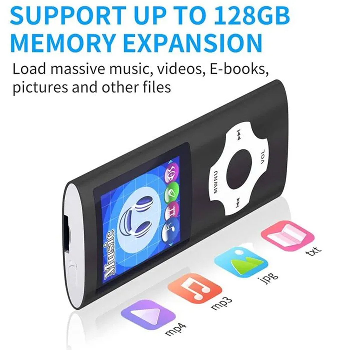 Schwarzer MP3-Player mit Bildschirm, der Symbole anzeigt. Unten befinden sich Dateityp-Symbole: mp4, mp3, jpg, txt. Text: Unterstützt bis zu 128 GB Speicher.