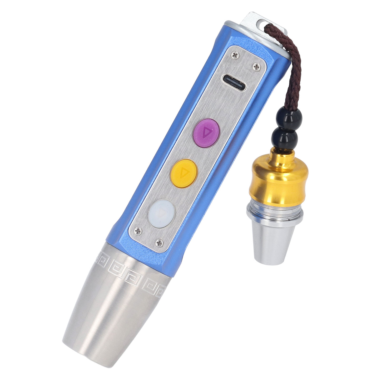 Ein blau-silbernes elektronisches Gerät mit Knöpfen und einem Anhänger. Es hat einen USB-C-Anschluss und einen goldenen Aufsatz.