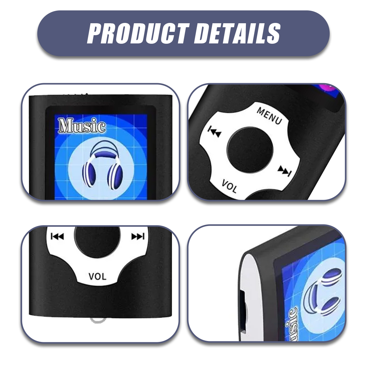 Produkt-Detailbild. Zeigt einen schwarzen MP3-Player mit Bildschirm, der Musik und Bedienelemente anzeigt. Der Bildschirm zeigt Kopfhörer.