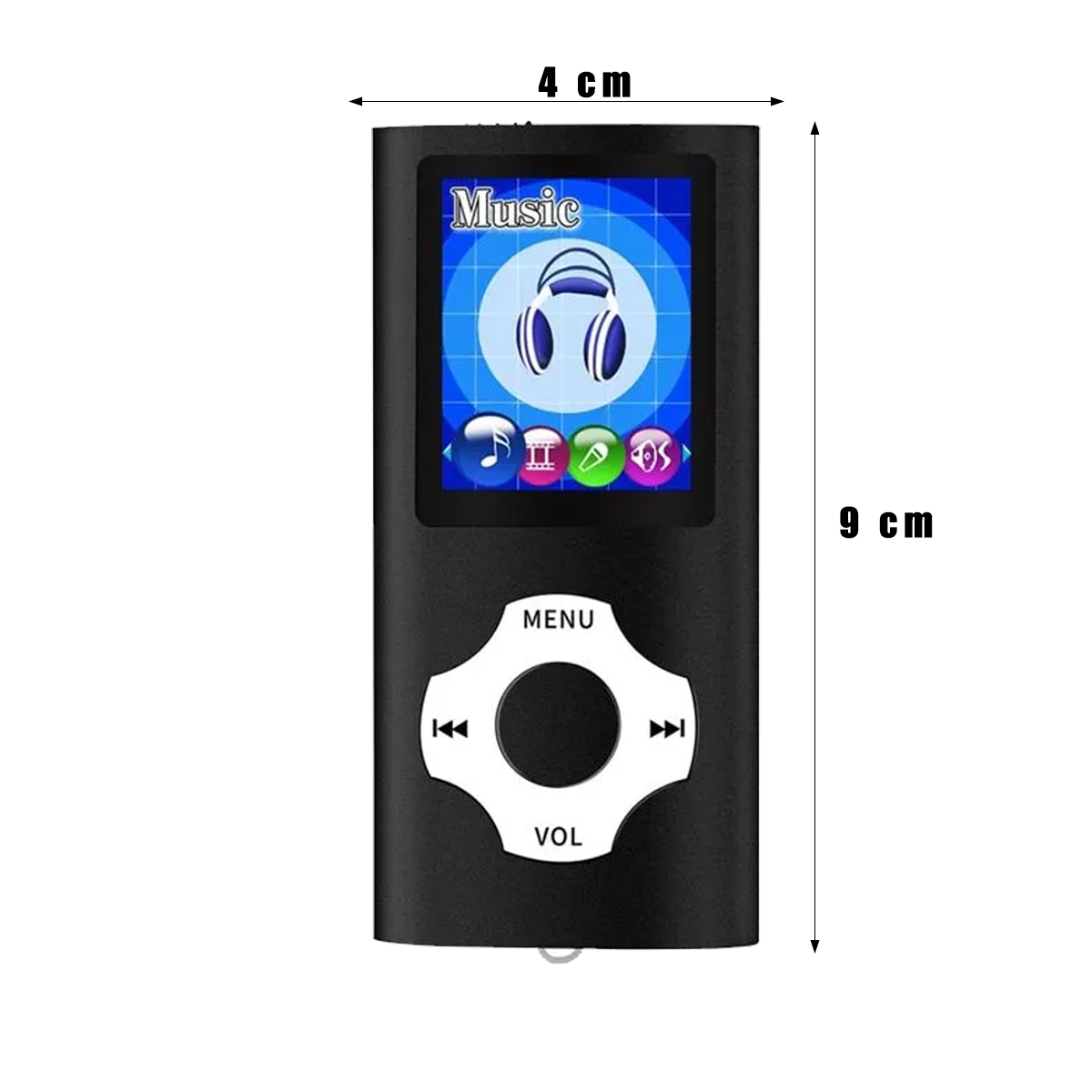Schwarzer MP3-Player mit Bildschirm, der ein Musiksymbol anzeigt. Er hat eine Menütaste und Lautstärkeregelung und misst 4 cm x 9 cm.