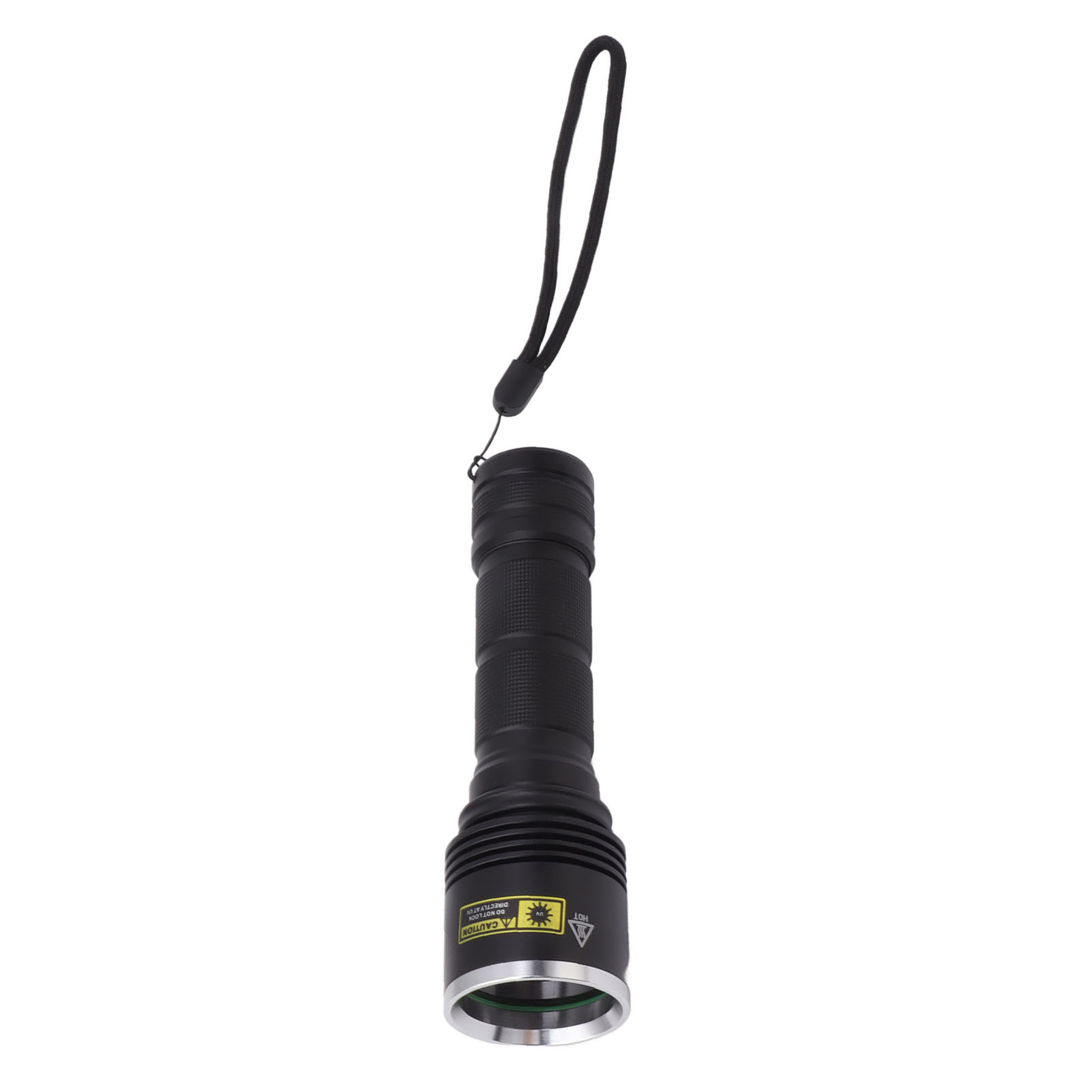 Schwarze Taschenlampe mit Handschlaufe. Sie hat einen strukturierten Griff und ein Vorsichtsetikett.