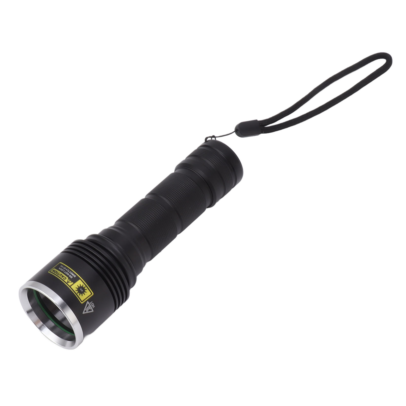 Schwarze Taschenlampe mit Handschlaufe, auf weißem Hintergrund schräg gestellt. Sie hat einen strukturierten Griff und eine silberne Blende.