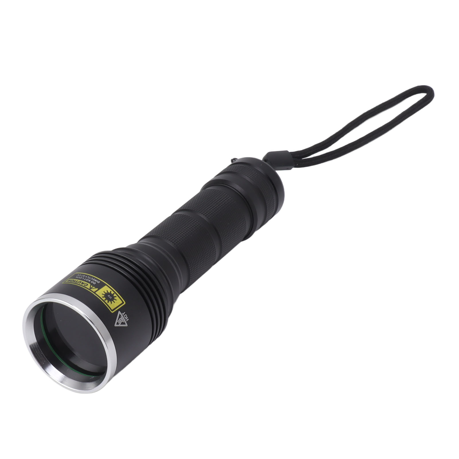 Schwarze Taschenlampe mit schwarzem Riemen. Sie hat einen silbernen Rand um die Linse.